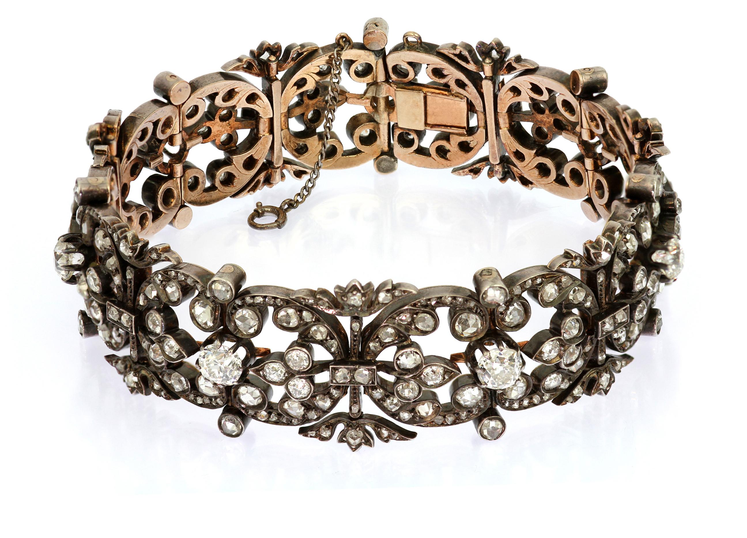 Floral French Antique Bracelet with Old Cut Diamonds in Silver & Gold For Sale