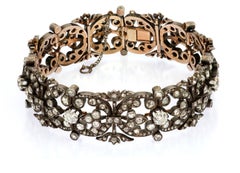 Bracelet français ancien à fleurs avec diamants taille ancienne en argent et or