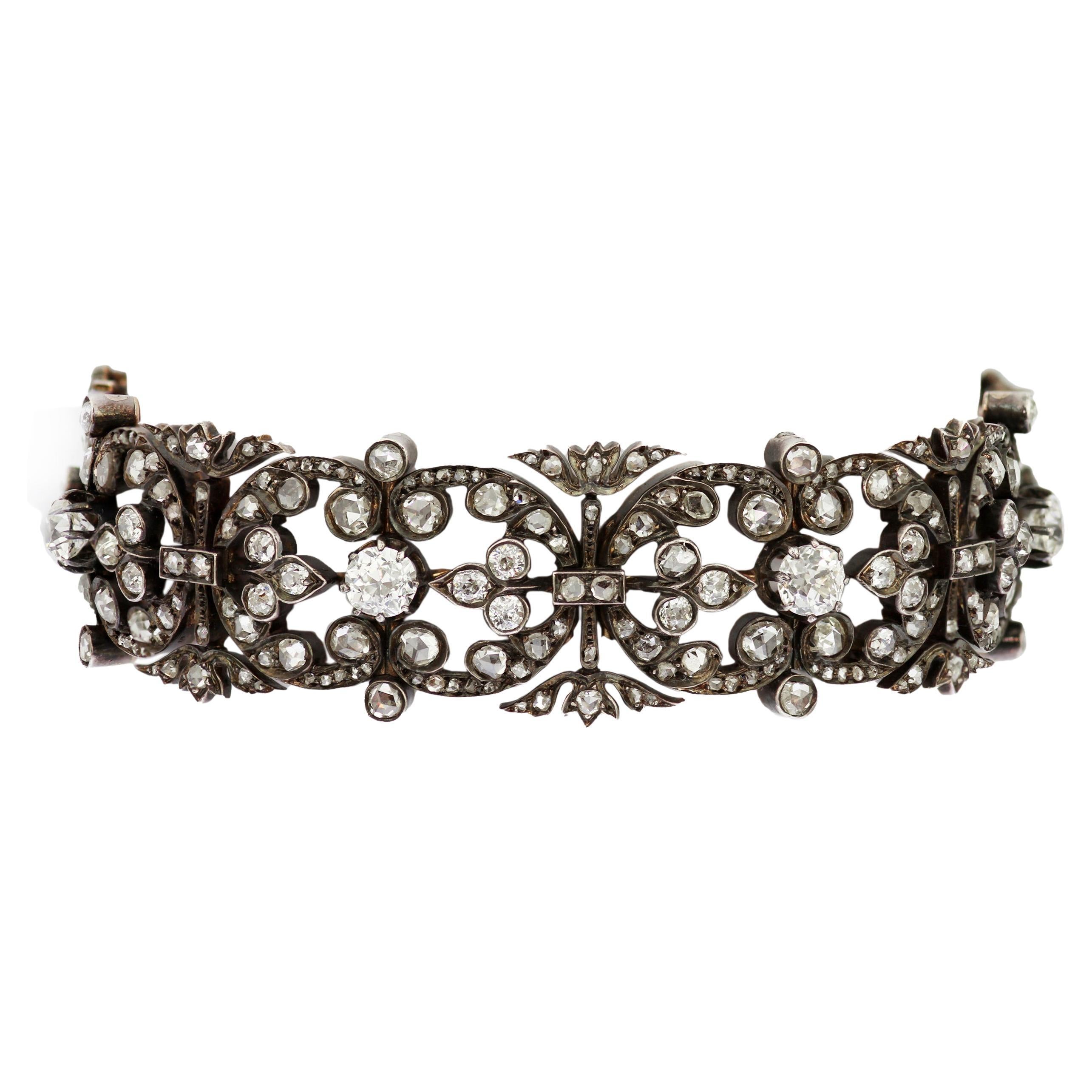 Antique Cushion Cut Floral French Antique Bracelet with Old Cut Diamonds in Silver & Gold For Sale