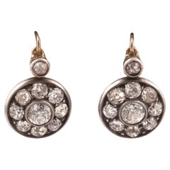 Antique Silver and Gold Old Cut Diamond Cluster Earrings