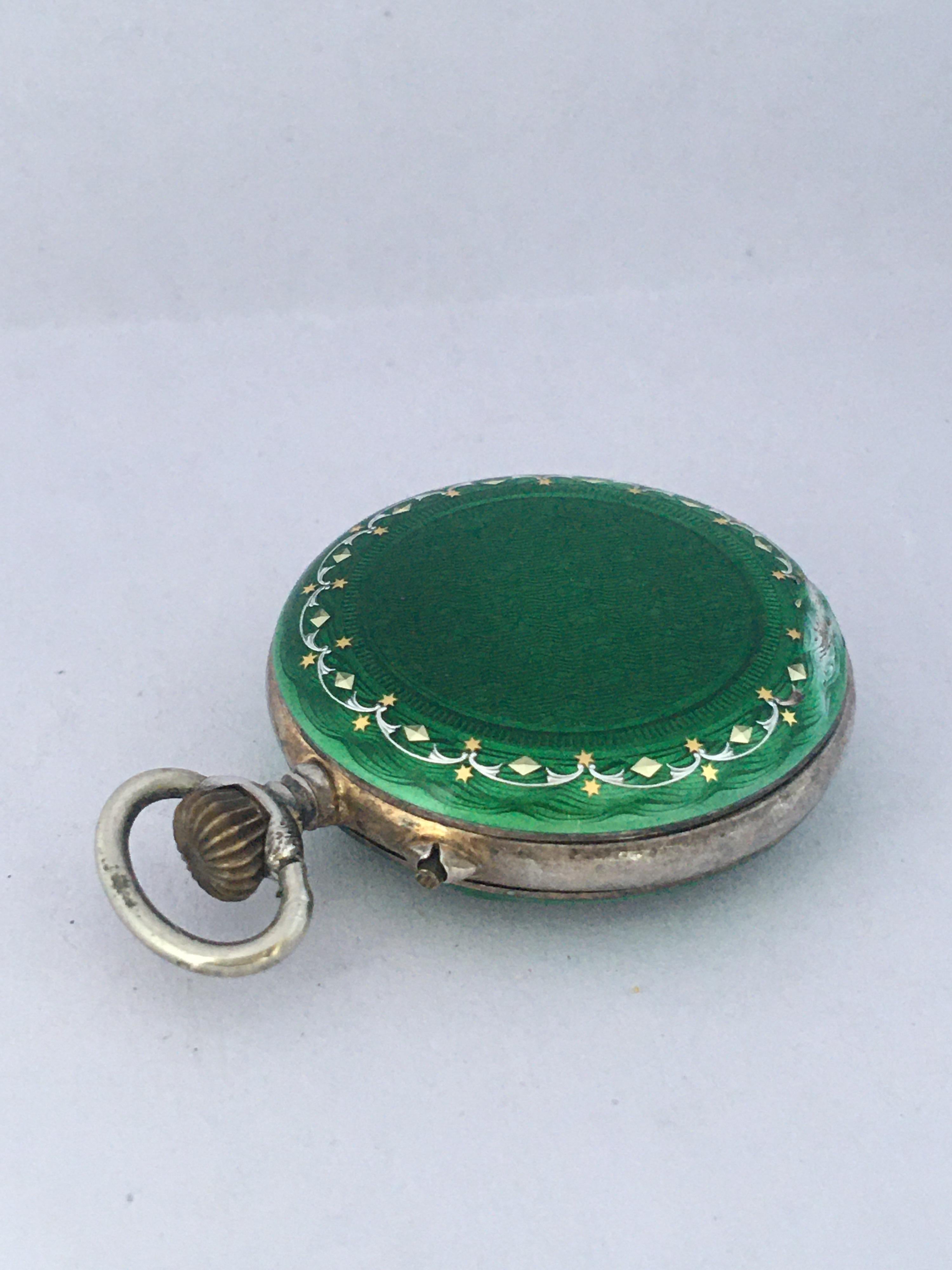 Antique Silver and Green Enamel Hand Winding Fob / Pocket Watch 5