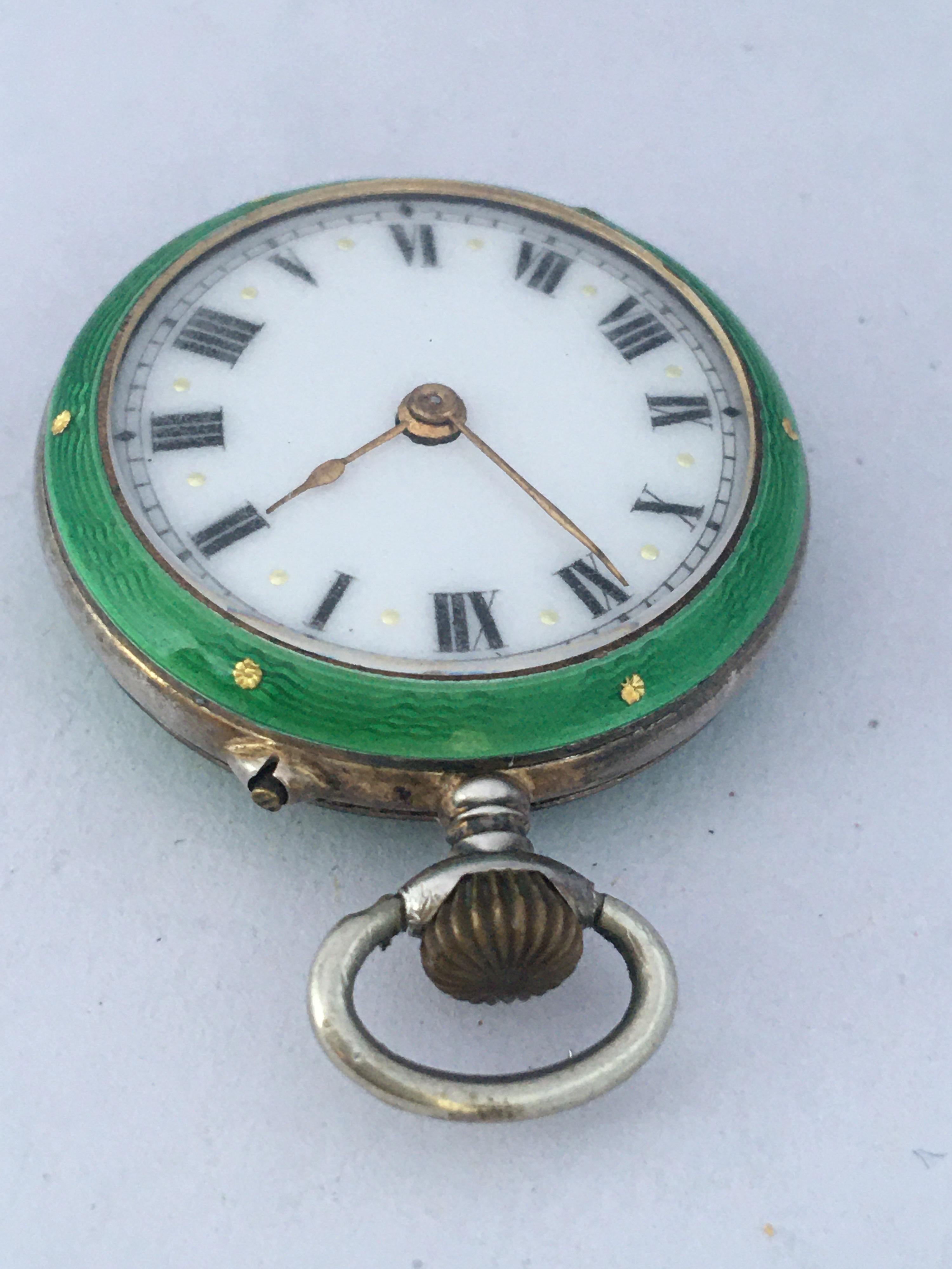 Antique Silver and Green Enamel Hand Winding Fob / Pocket Watch 6