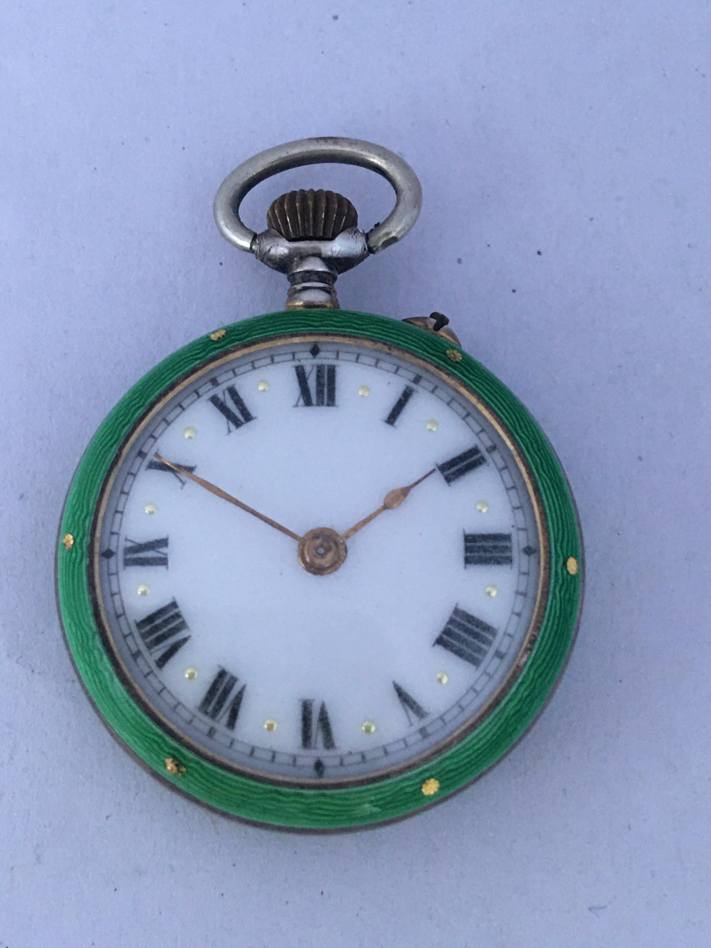 Antique Silver and Green Enamel Hand Winding Fob / Pocket Watch 7