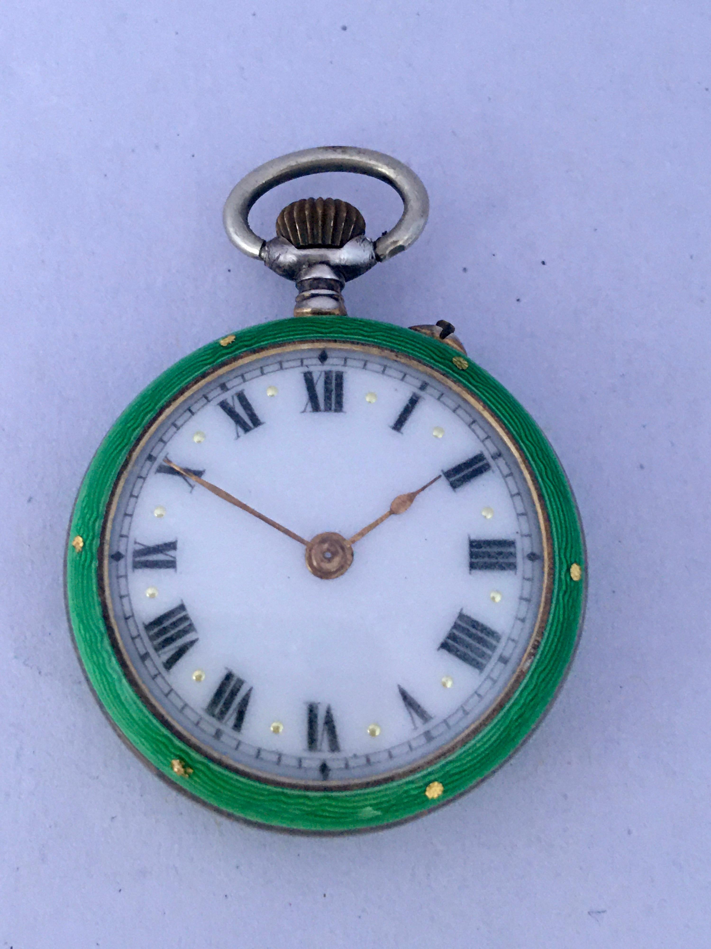 Antique Silver and Green Enamel Hand Winding Fob / Pocket Watch 2