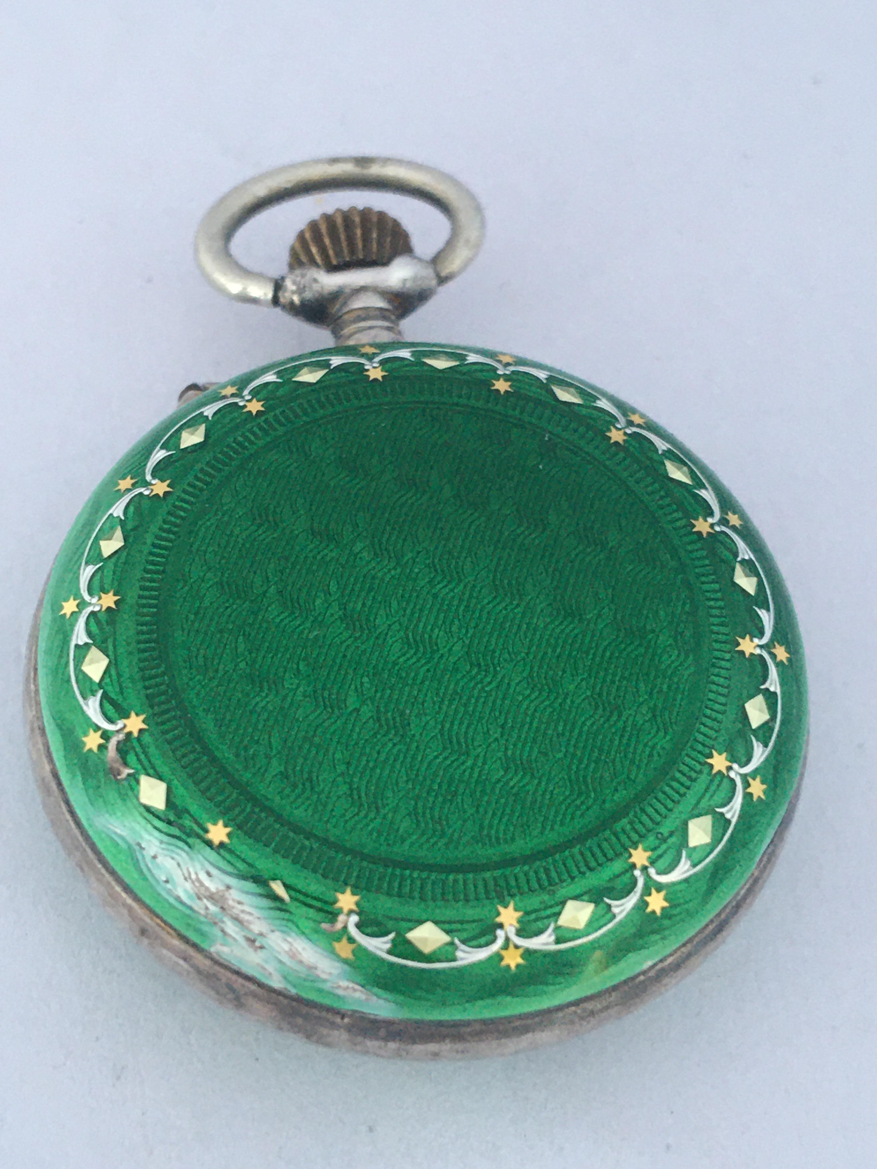 Antique Silver and Green Enamel Hand Winding Fob / Pocket Watch 3