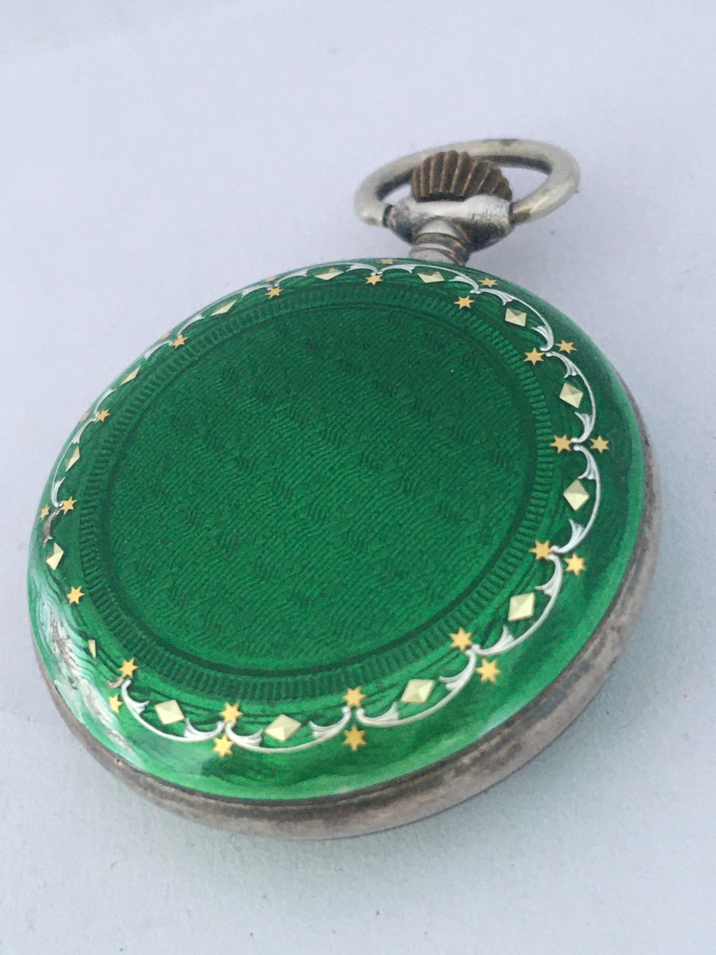 Antique Silver and Green Enamel Hand Winding Fob / Pocket Watch 4
