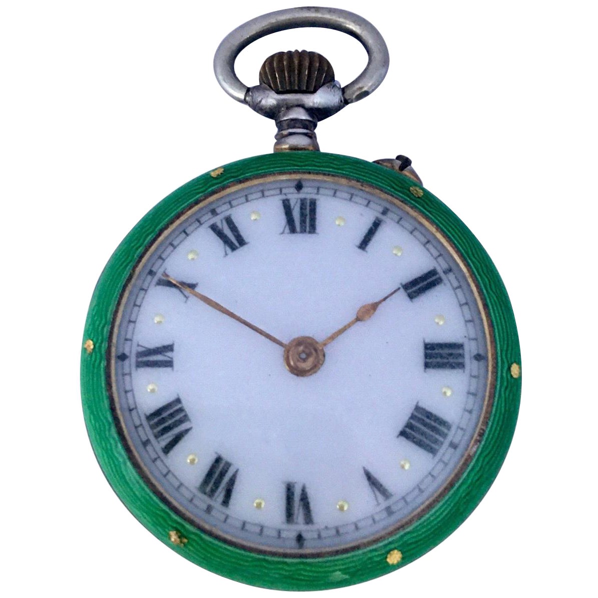 Antique montre de poche à remontage manuel en argent et émail vert