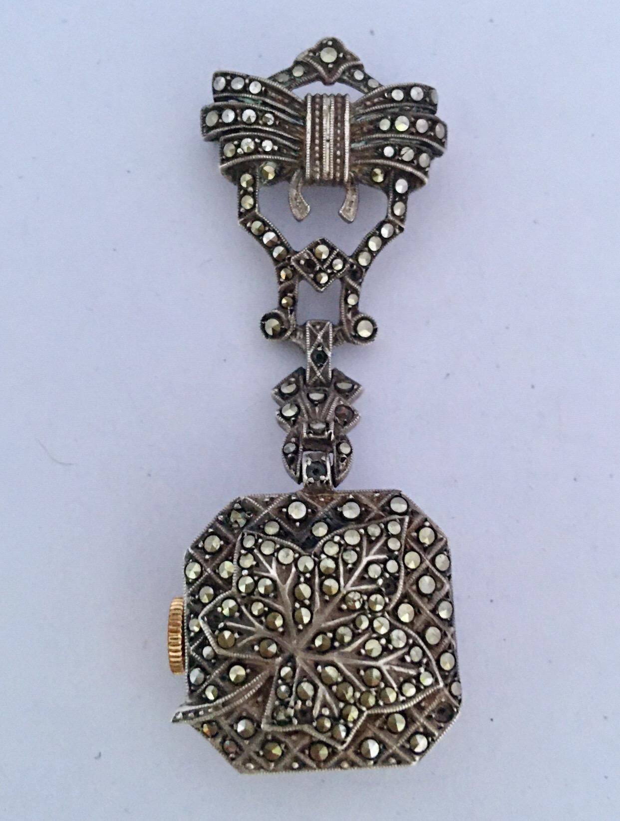 Antique Silver and Marcasite Nurse’s / Brooch Watch For Sale 4