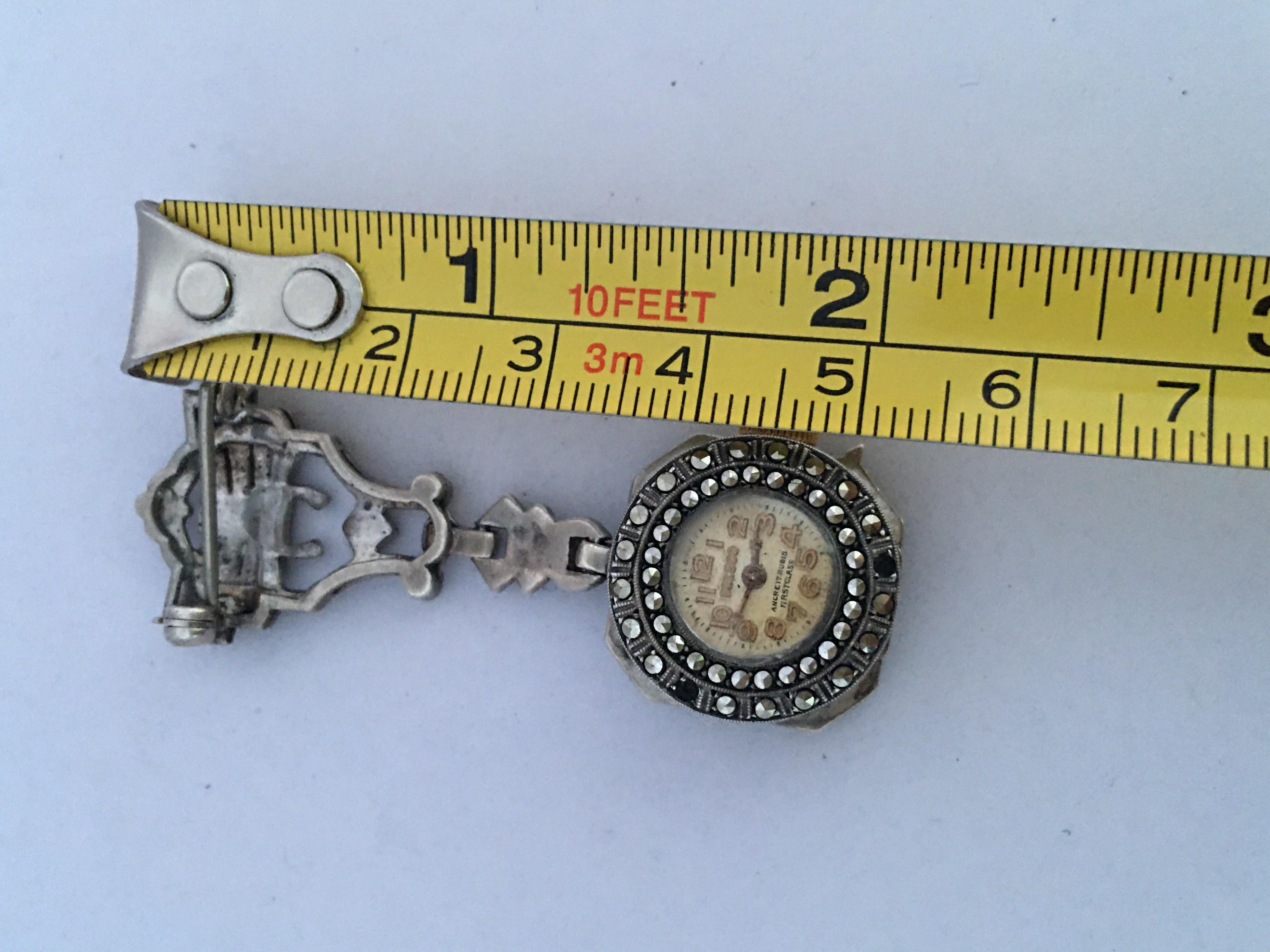 Women's or Men's Antique Silver and Marcasite Nurse’s / Brooch Watch For Sale