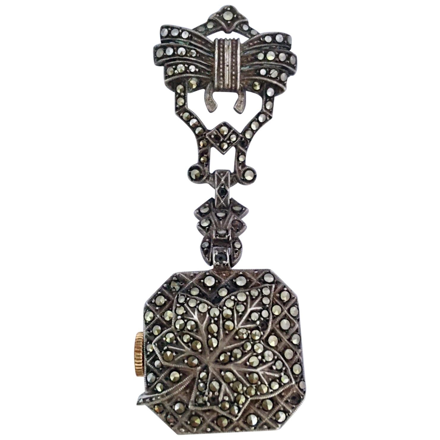 Antique Silver and Marcasite Nurse’s / Brooch Watch For Sale