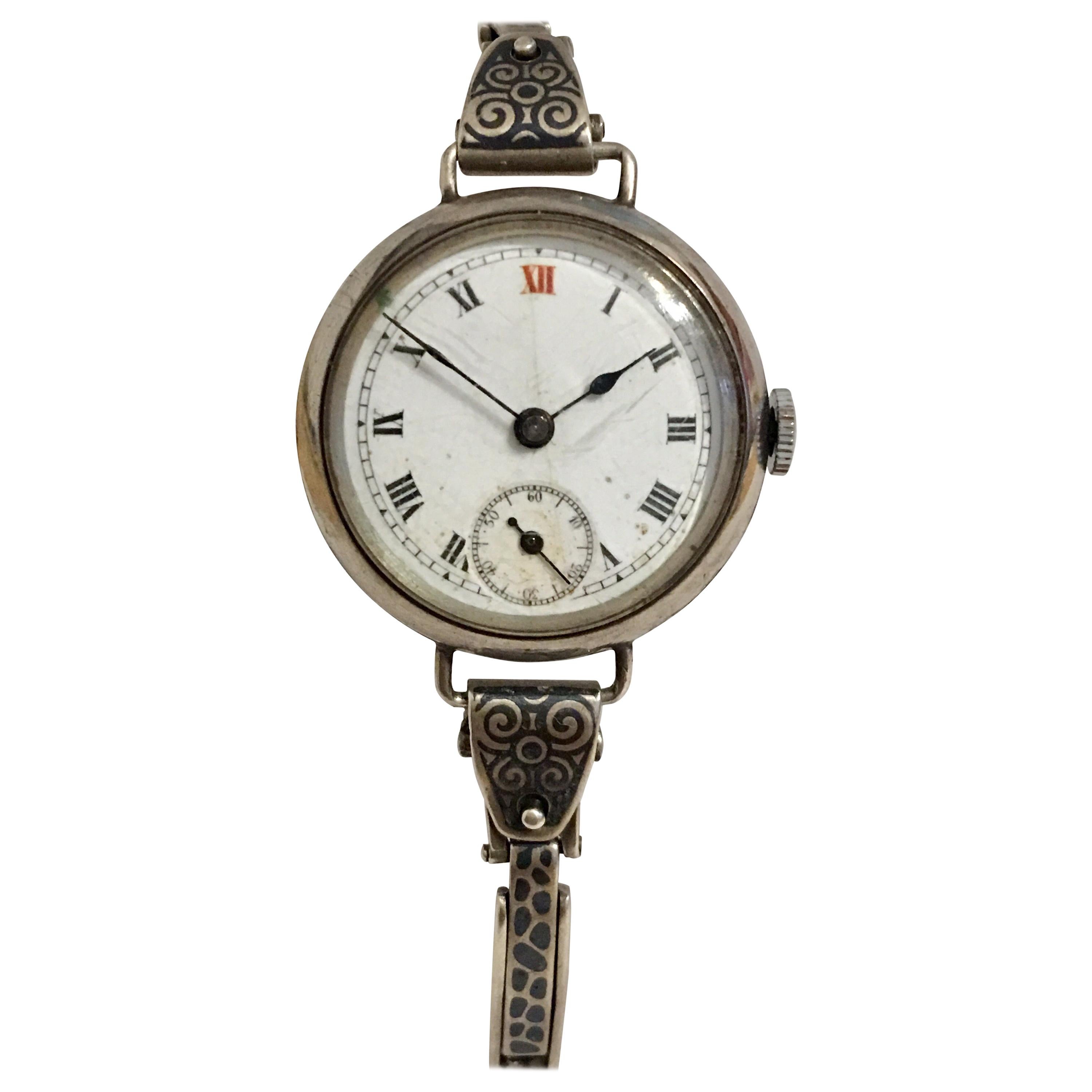 Antique Silver and Niello Trench Watch For Sale