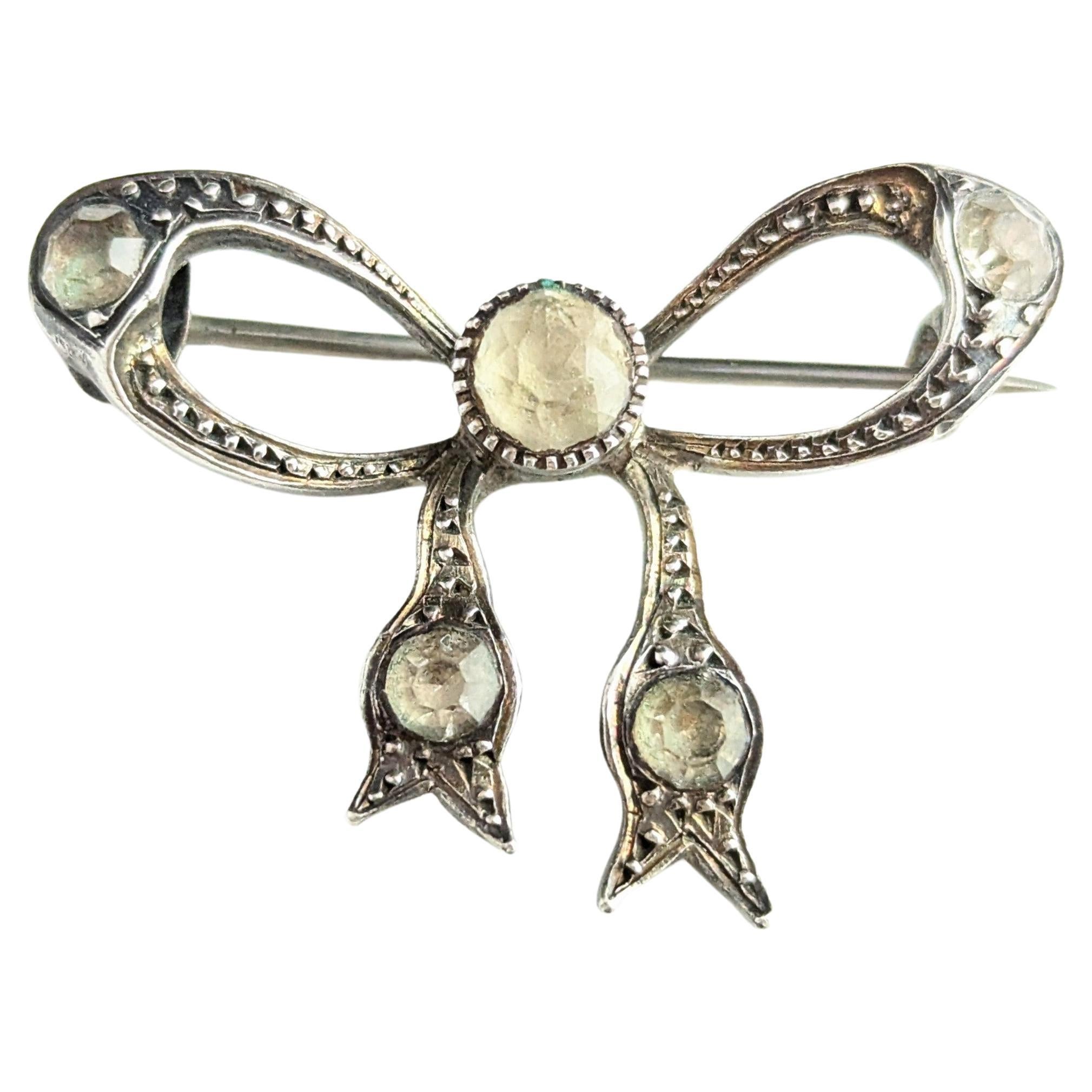 Antique silver and paste bow brooch, Art Deco
