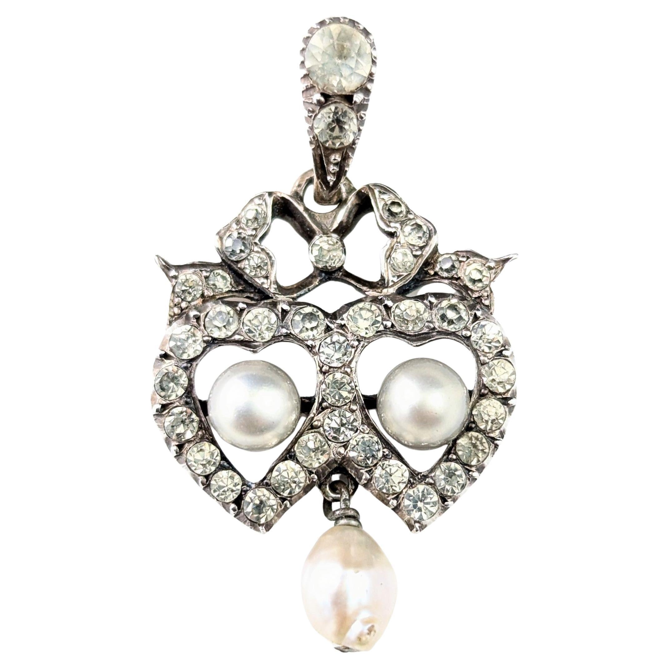 Antique Silver and Paste double heart pendant, Bow