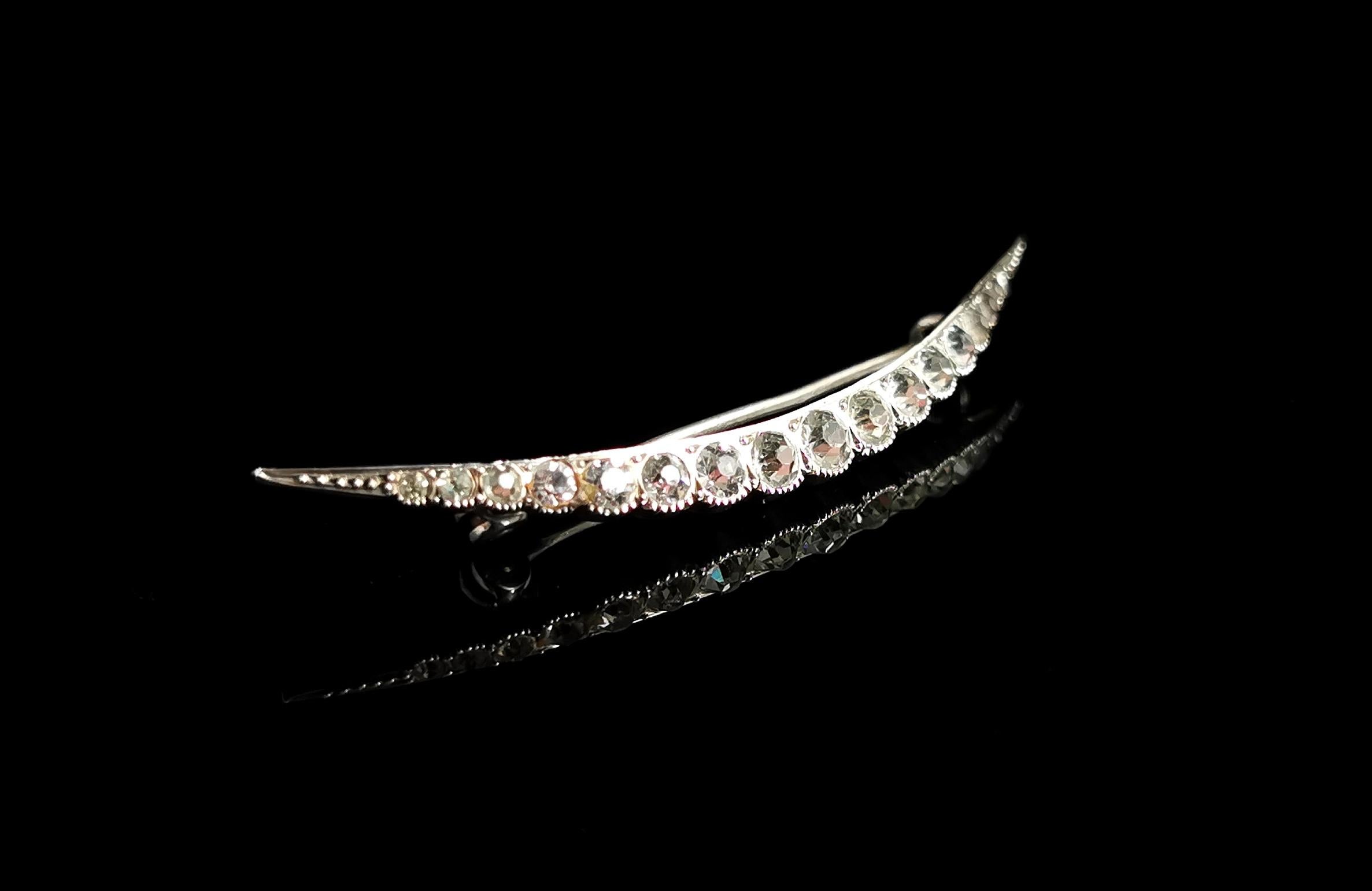 Art Deco Antique Silver and Paste Open Crescent Moon Brooch