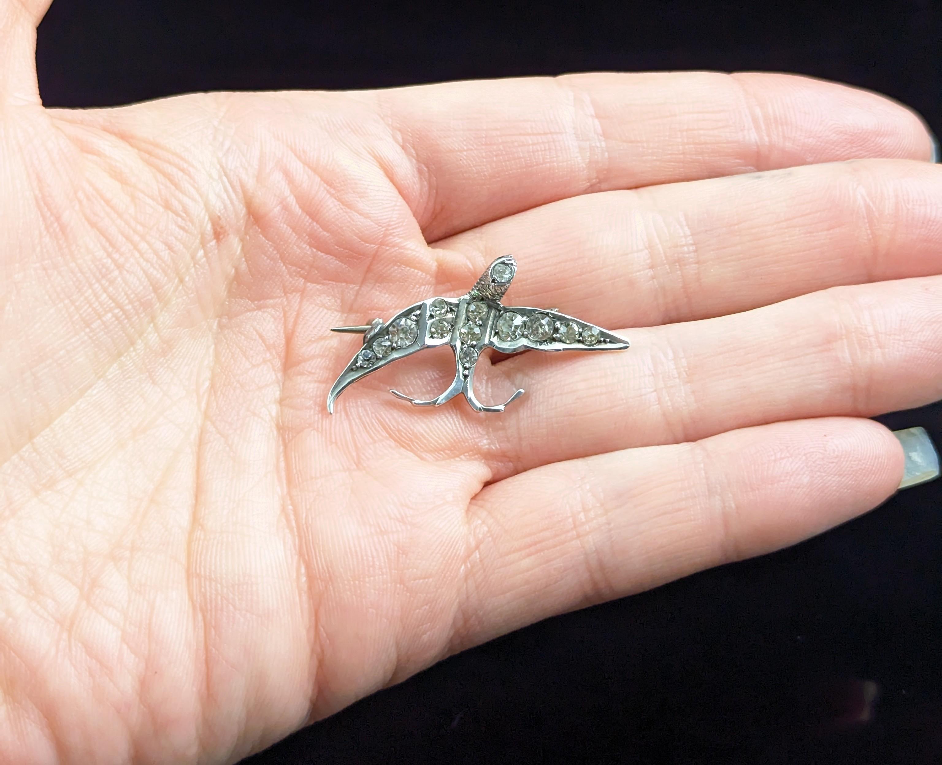 Women's or Men's Antique silver and paste swallow brooch, Victorian  For Sale