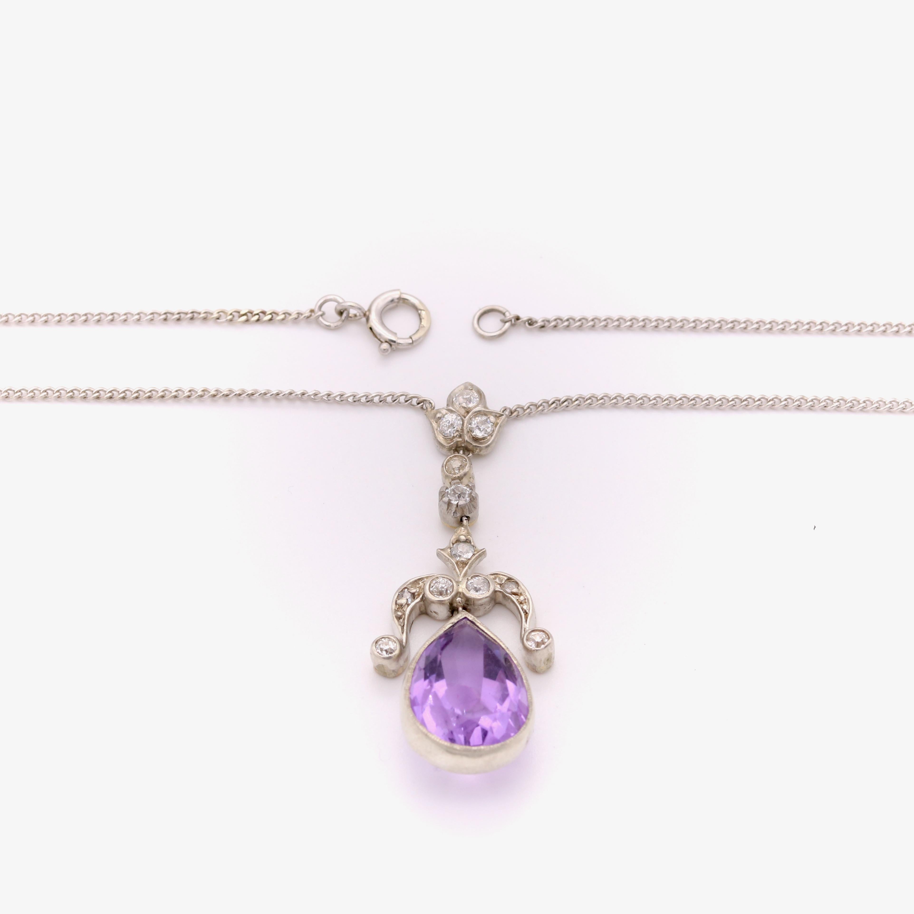 Antique Silver and Platinum 5ct Pear Cut Amethyst and Diamond Necklace For Sale 5