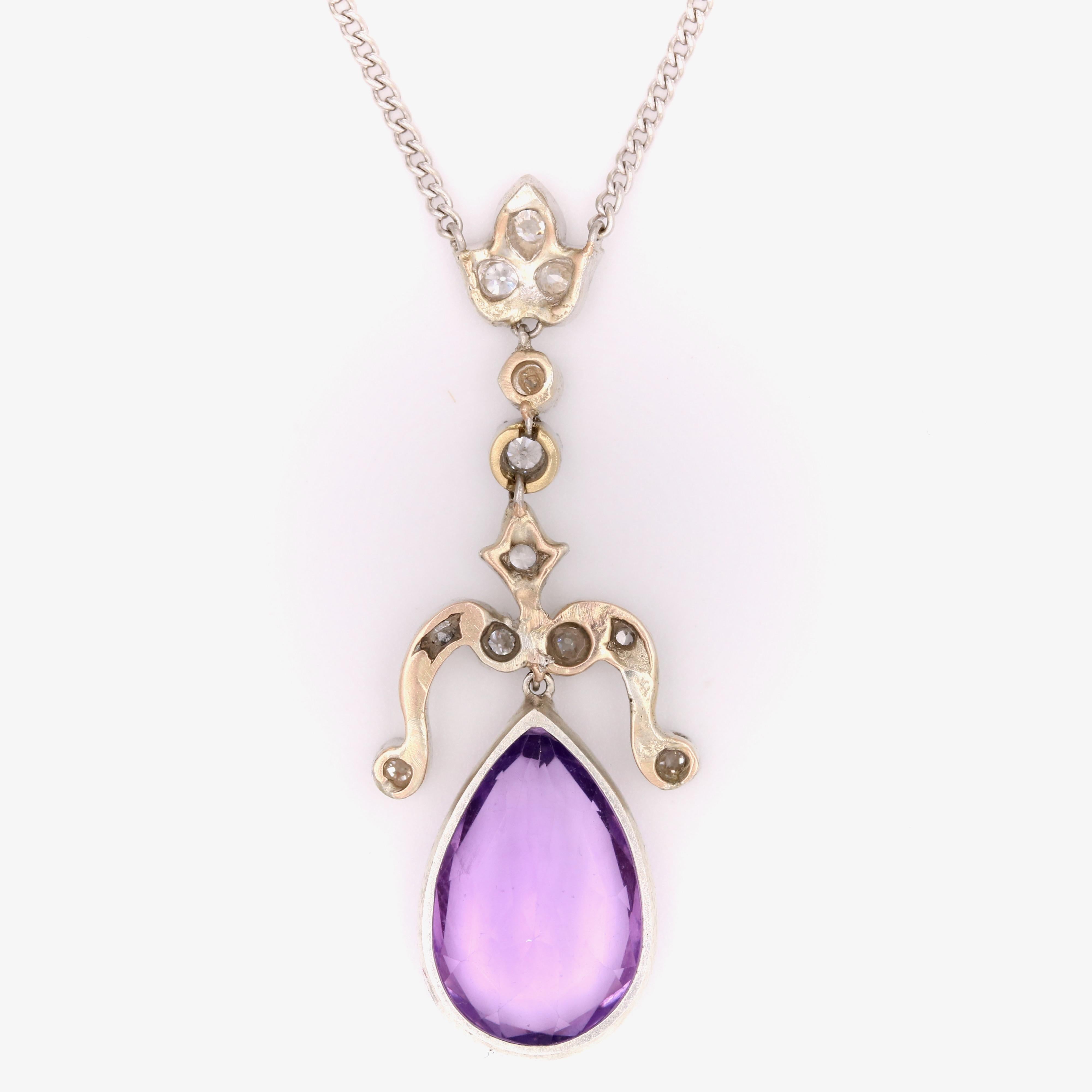 Antique Silver and Platinum 5ct Pear Cut Amethyst and Diamond Necklace For Sale 6
