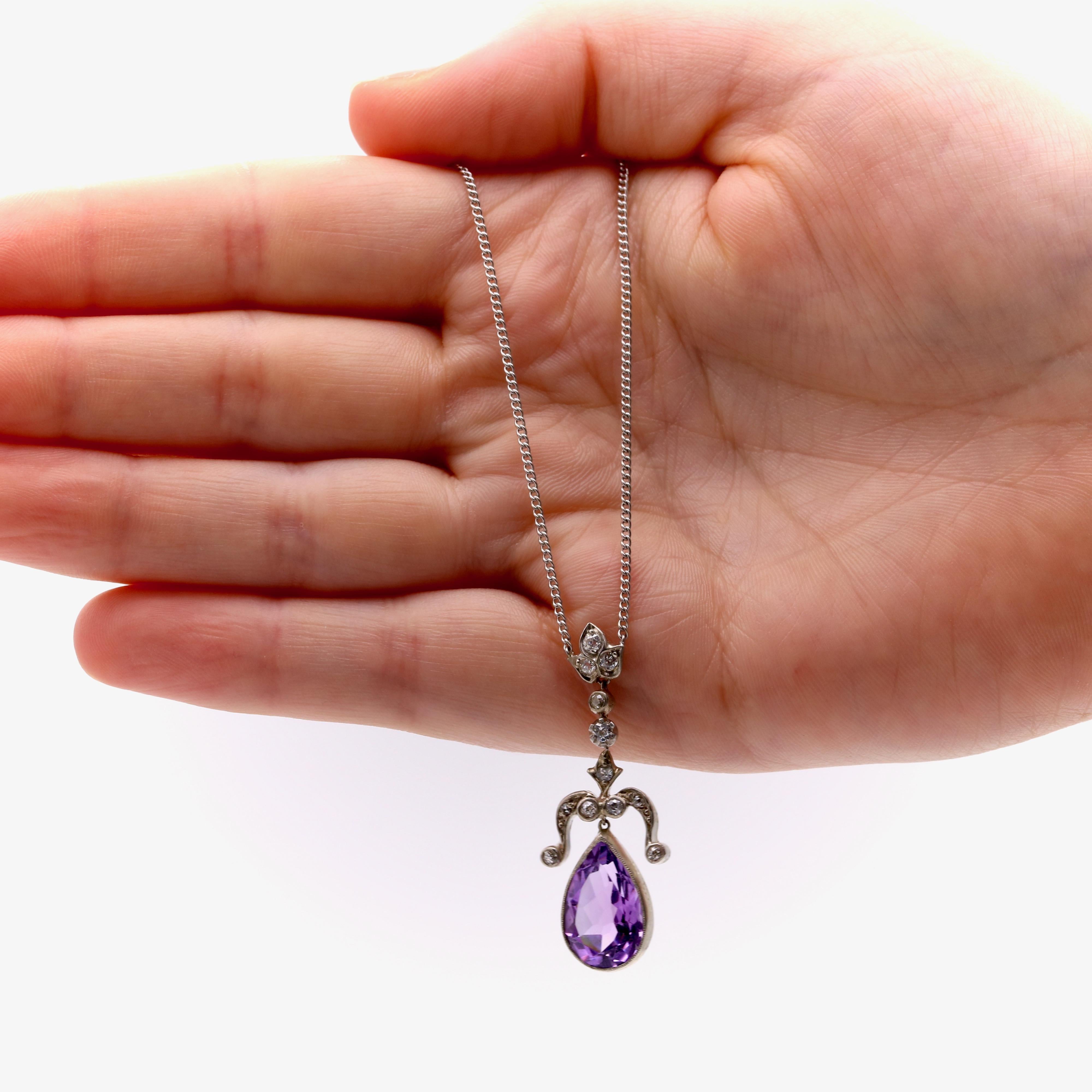 Antique Silver and Platinum 5ct Pear Cut Amethyst and Diamond Necklace For Sale 7