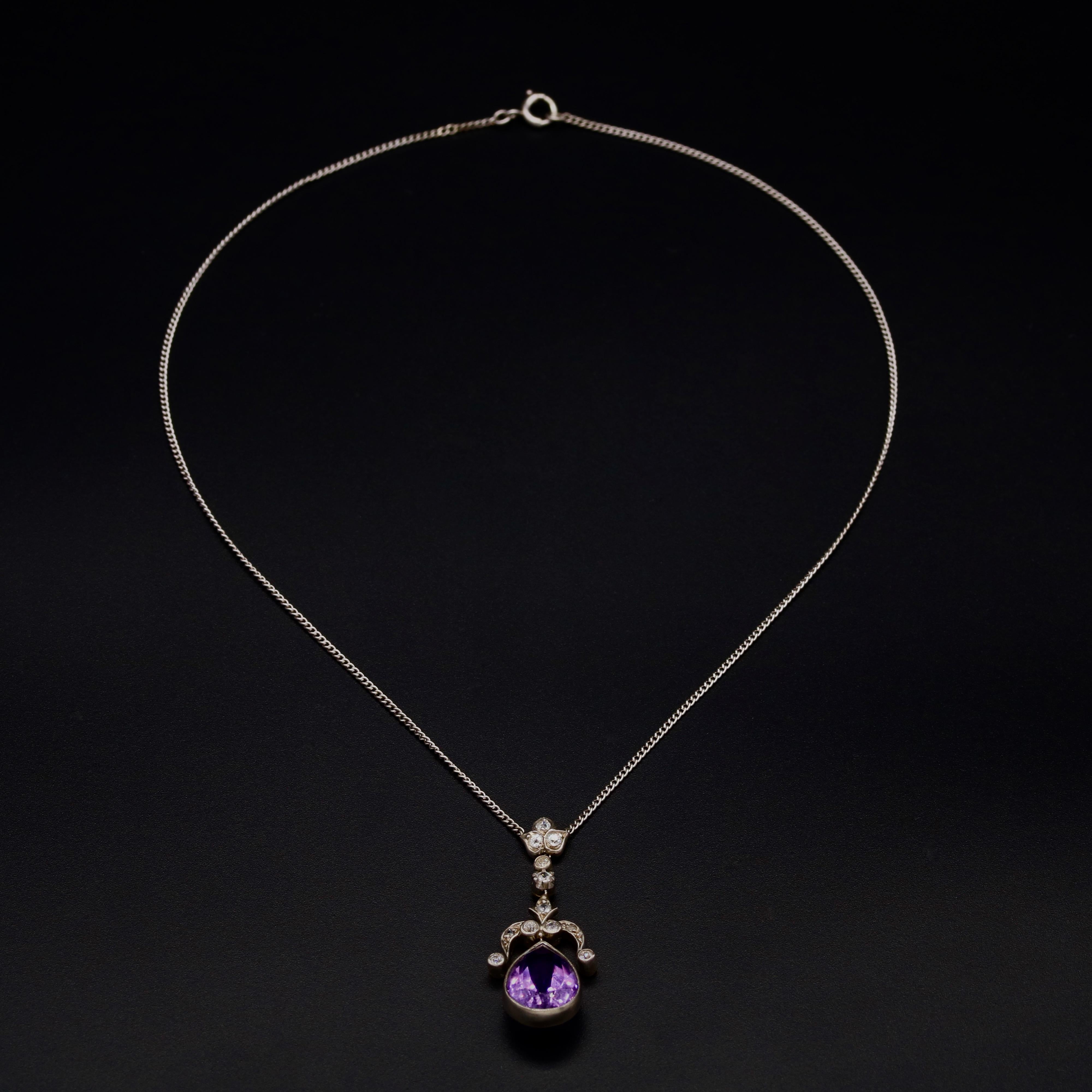 Edwardian Antique Silver and Platinum 5ct Pear Cut Amethyst and Diamond Necklace For Sale