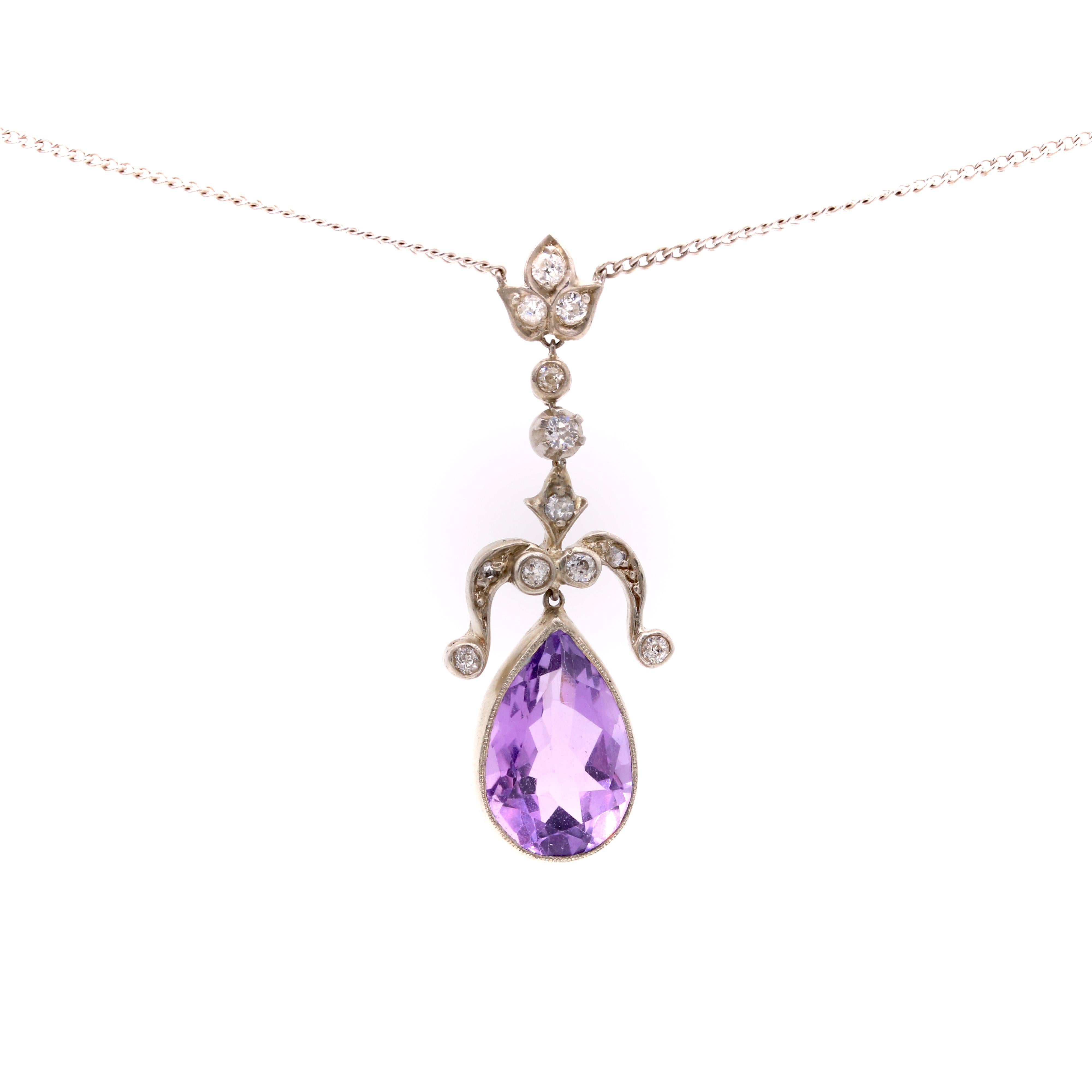 Antique Silver and Platinum 5ct Pear Cut Amethyst and Diamond Necklace In Good Condition For Sale In Staines-Upon-Thames, GB