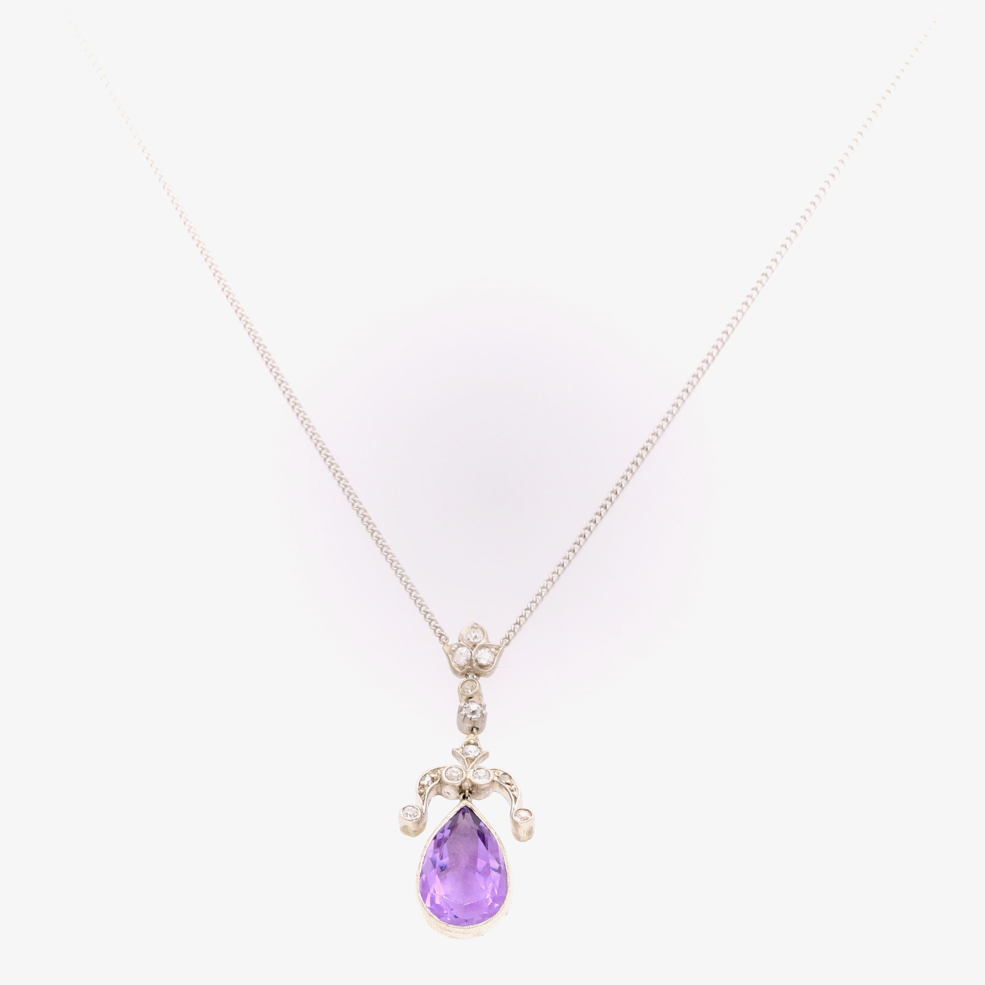 Women's or Men's Antique Silver and Platinum 5ct Pear Cut Amethyst and Diamond Necklace For Sale