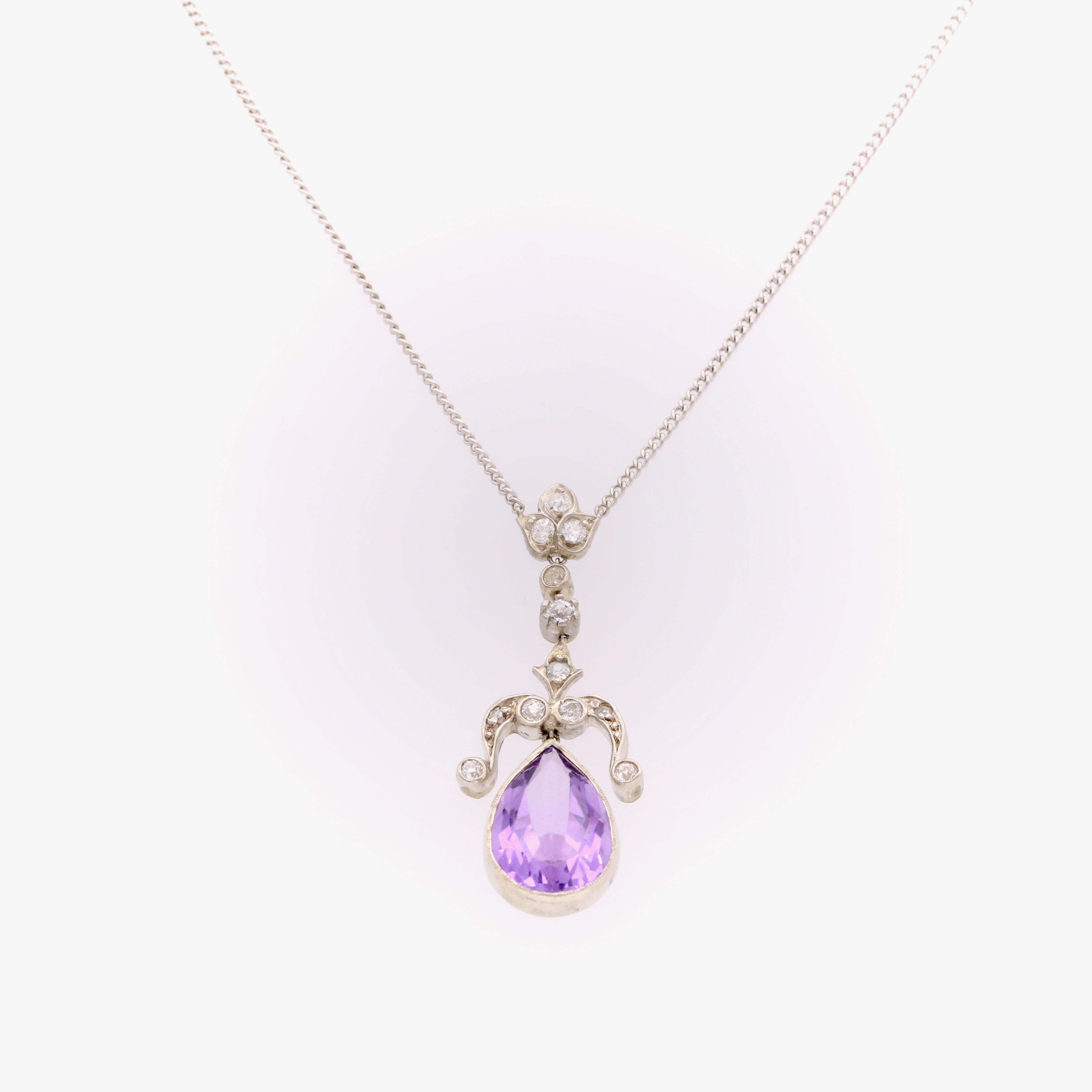Antique Silver and Platinum 5ct Pear Cut Amethyst and Diamond Necklace For Sale 1