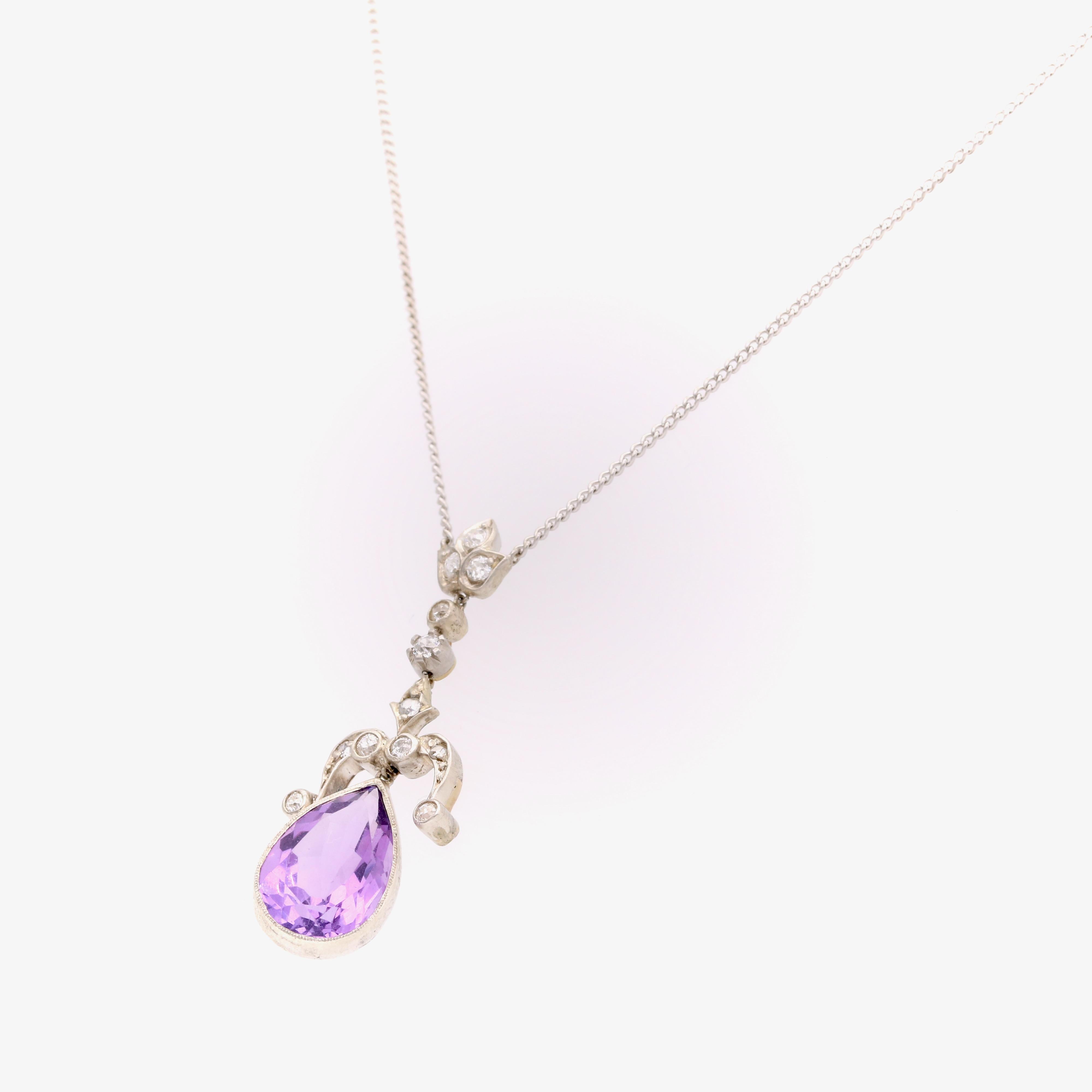 Antique Silver and Platinum 5ct Pear Cut Amethyst and Diamond Necklace For Sale 2