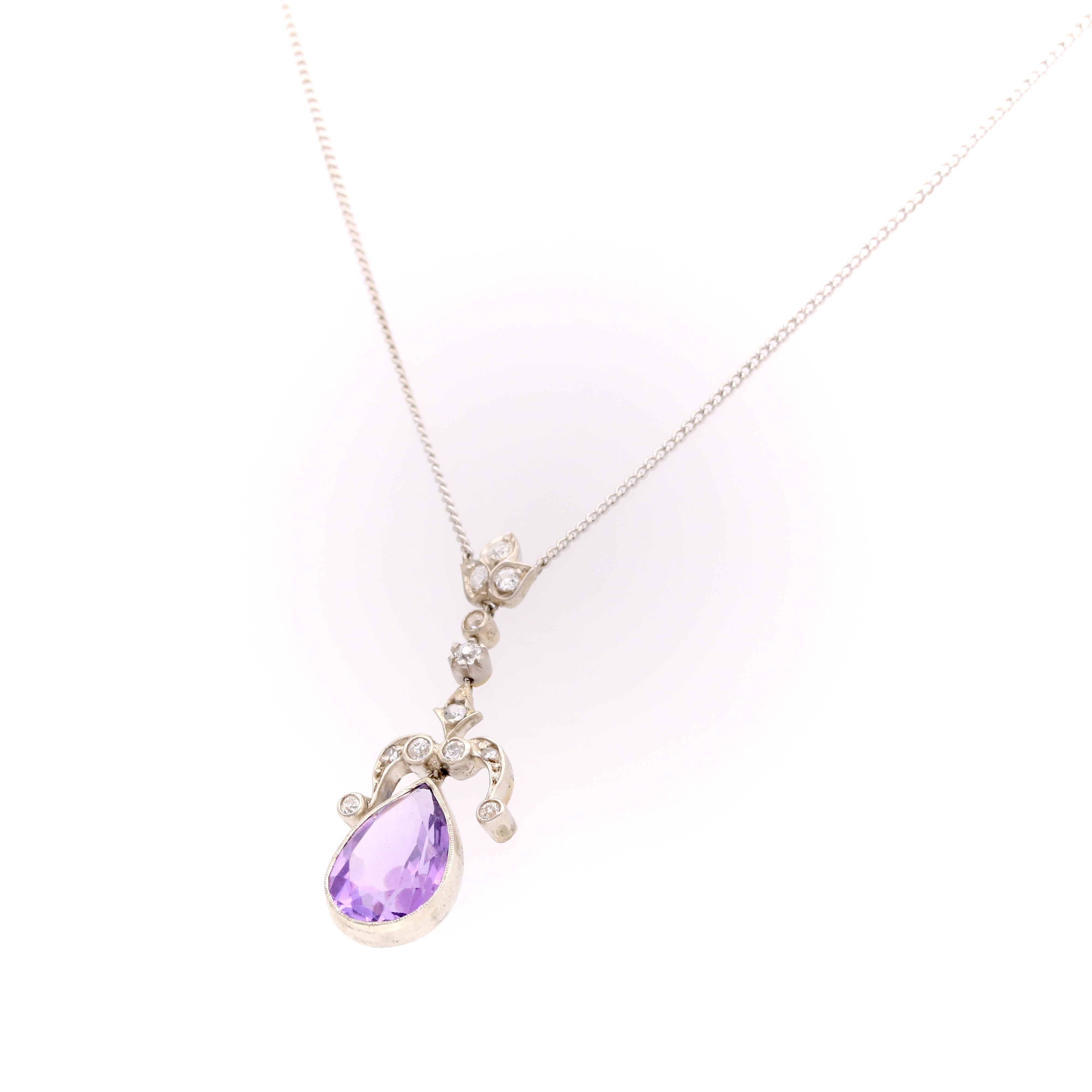 Antique Silver and Platinum 5ct Pear Cut Amethyst and Diamond Necklace For Sale 3