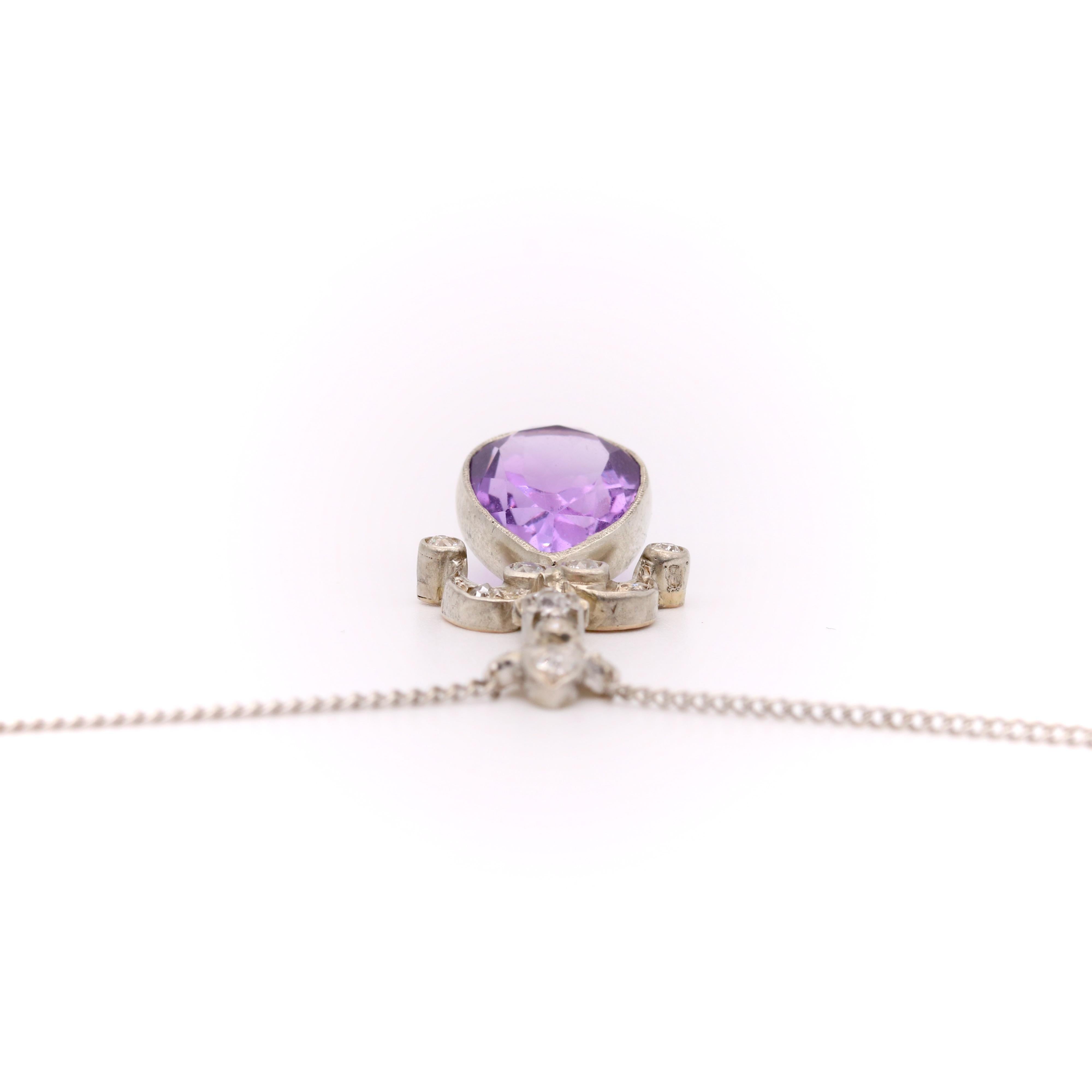Antique Silver and Platinum 5ct Pear Cut Amethyst and Diamond Necklace For Sale 4