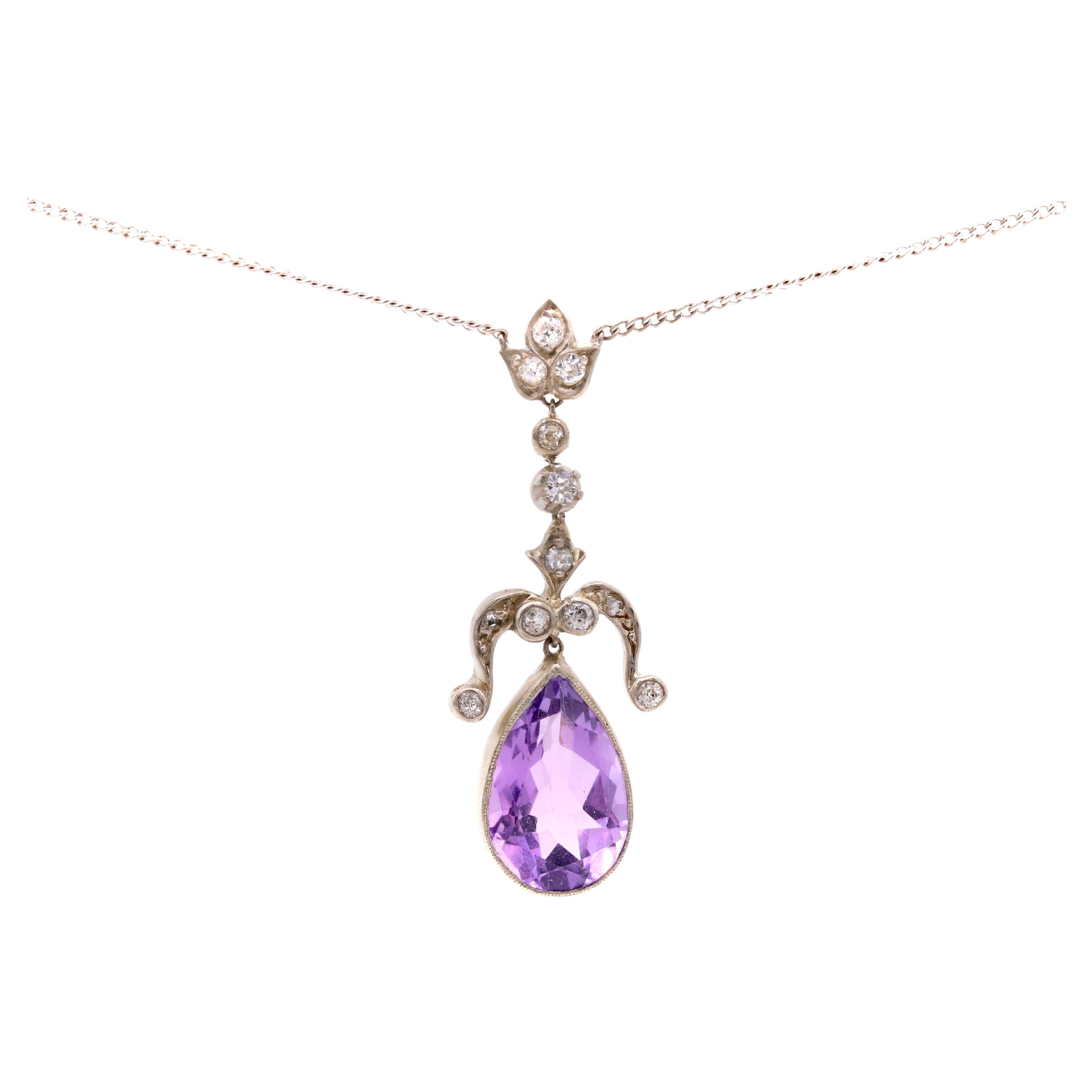 Antique Silver and Platinum 5ct Pear Cut Amethyst and Diamond Necklace For Sale