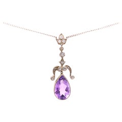 Antique Silver and Platinum 5ct Pear Cut Amethyst and Diamond Necklace