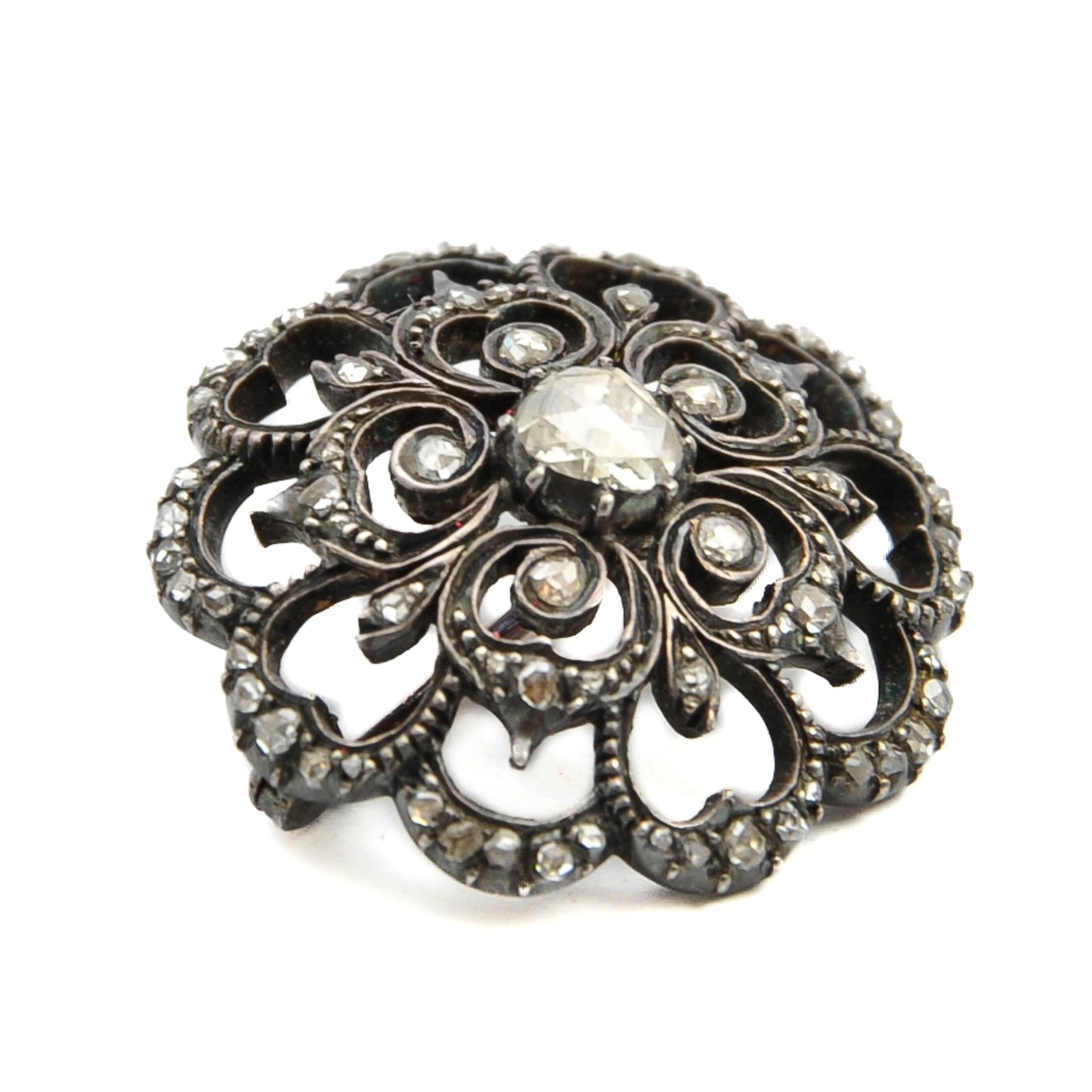 Artisan Antique Silver and Rose Cut Diamond Round Floral Brooch For Sale