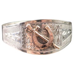 Antique Silver and Rose Gold Bangle, Horseshoe and Riding Crop