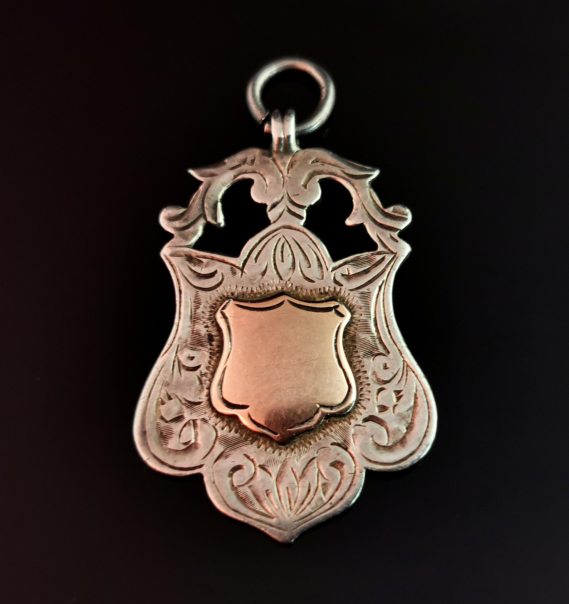 Antique Silver and Rose Gold Shield Fob Pendant, Art Deco 2