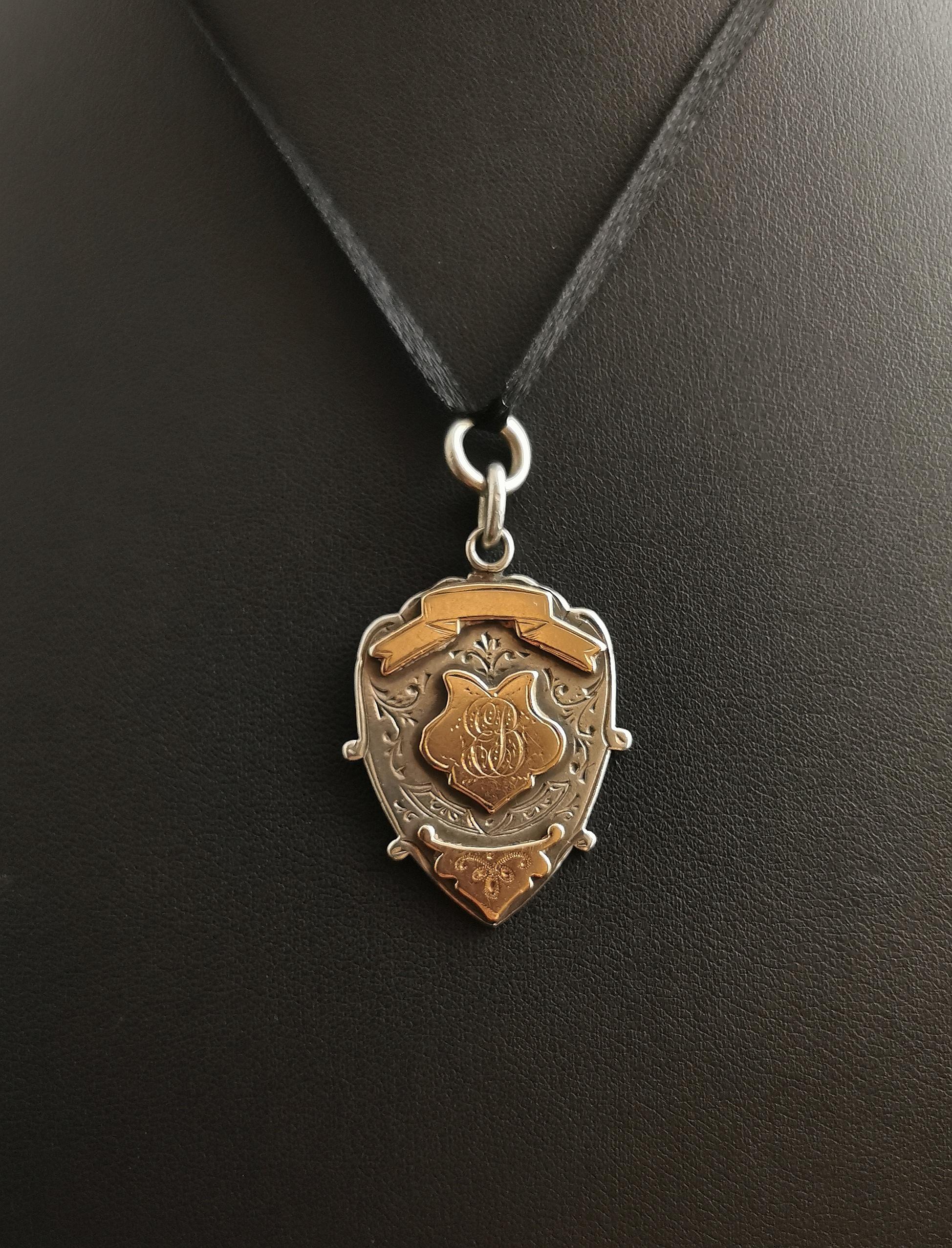Antique Silver and Rose Gold Shield Fob, Pendant  5