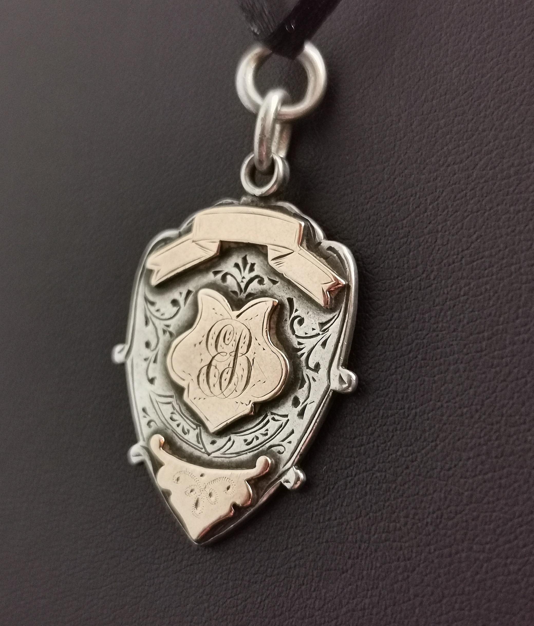 Antique Silver and Rose Gold Shield Fob, Pendant  In Fair Condition In NEWARK, GB