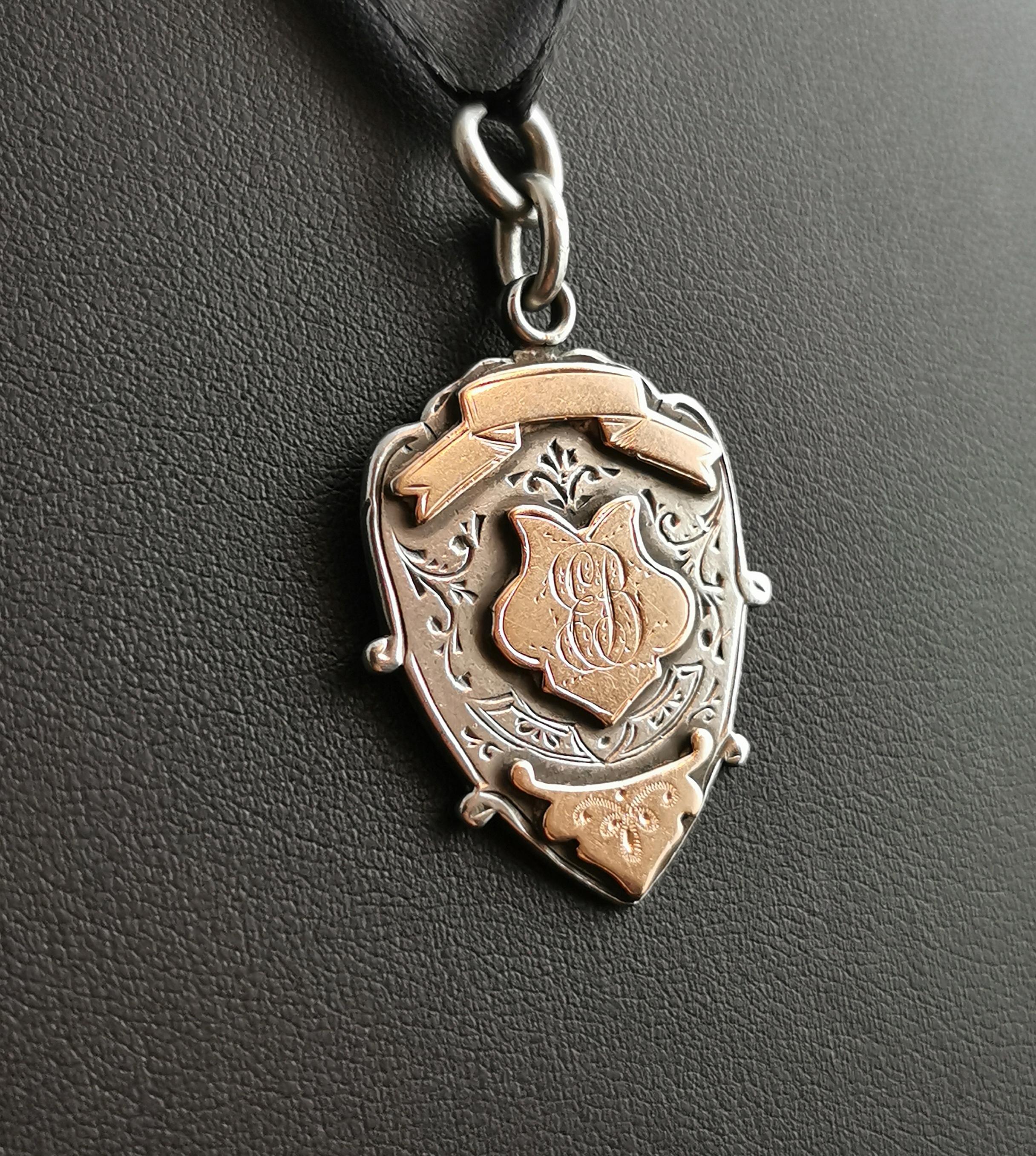 Women's or Men's Antique Silver and Rose Gold Shield Fob, Pendant 