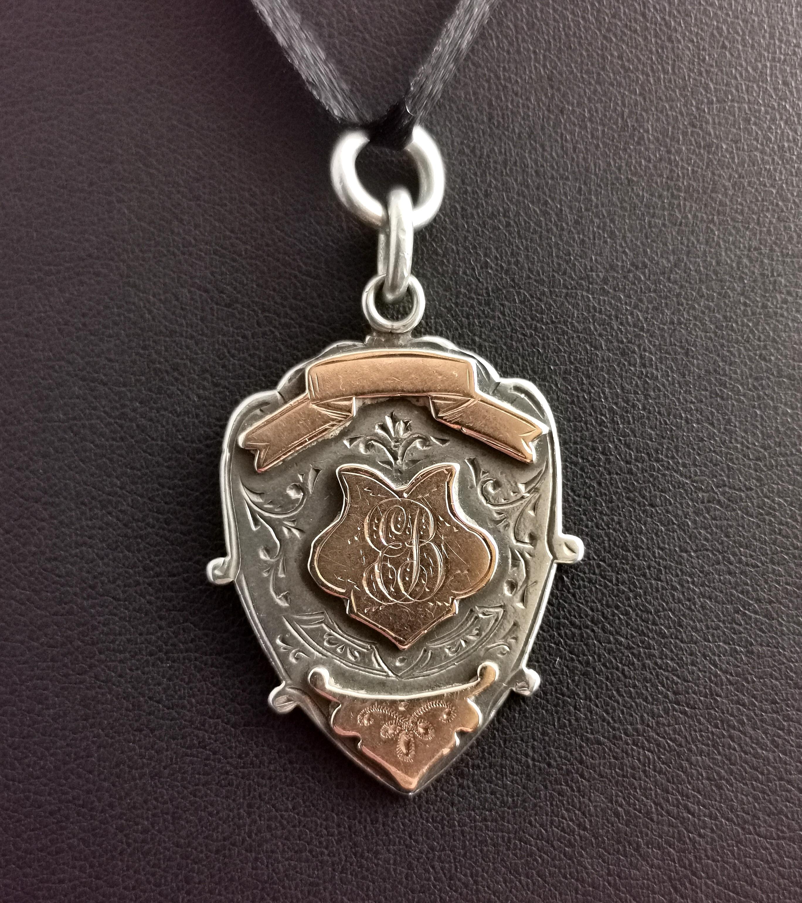 Antique Silver and Rose Gold Shield Fob, Pendant  4