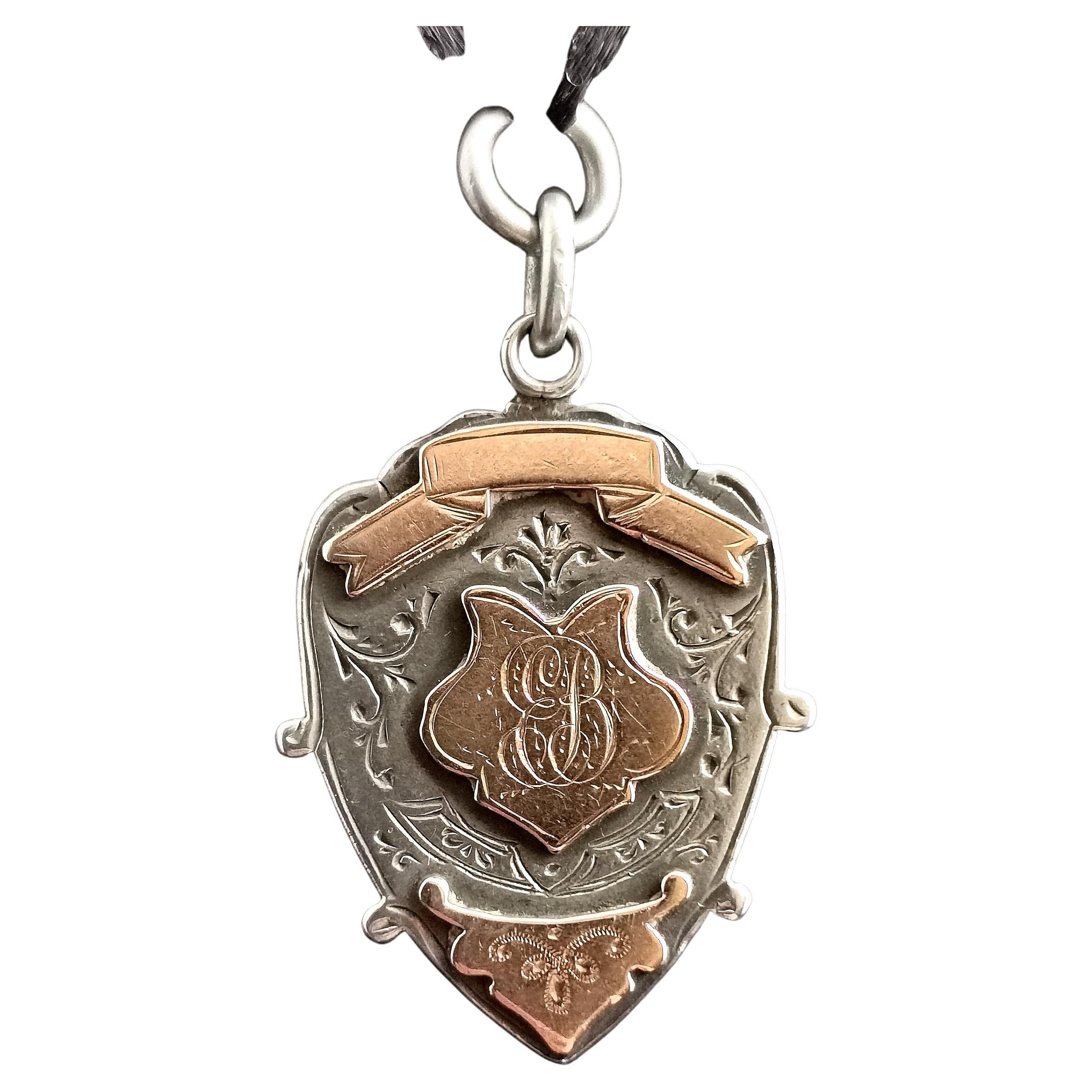 Antique Silver and Rose Gold Shield Fob, Pendant 