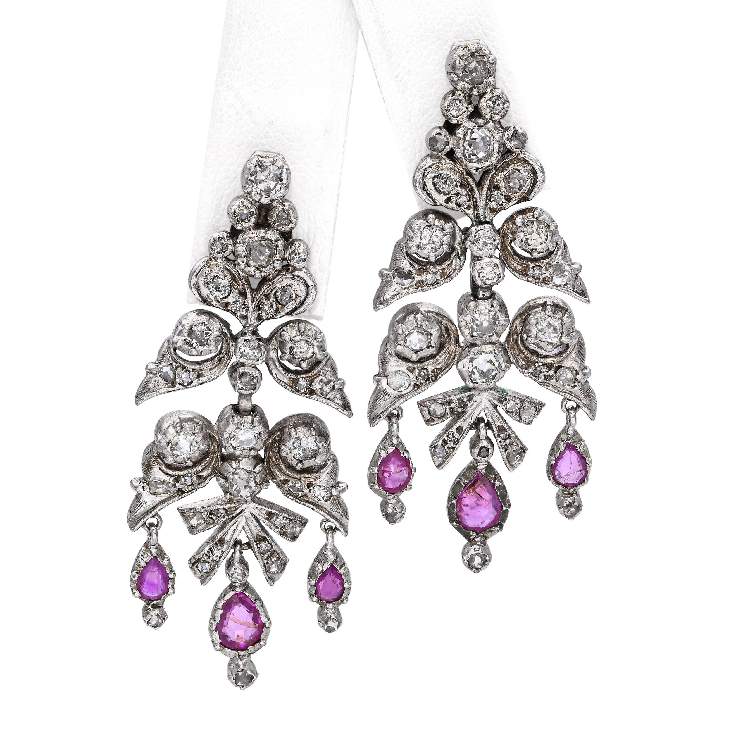 Old Mine Cut Antique Silver and White Gold Diamond and Pink Sapphire Chandelier Earrings For Sale