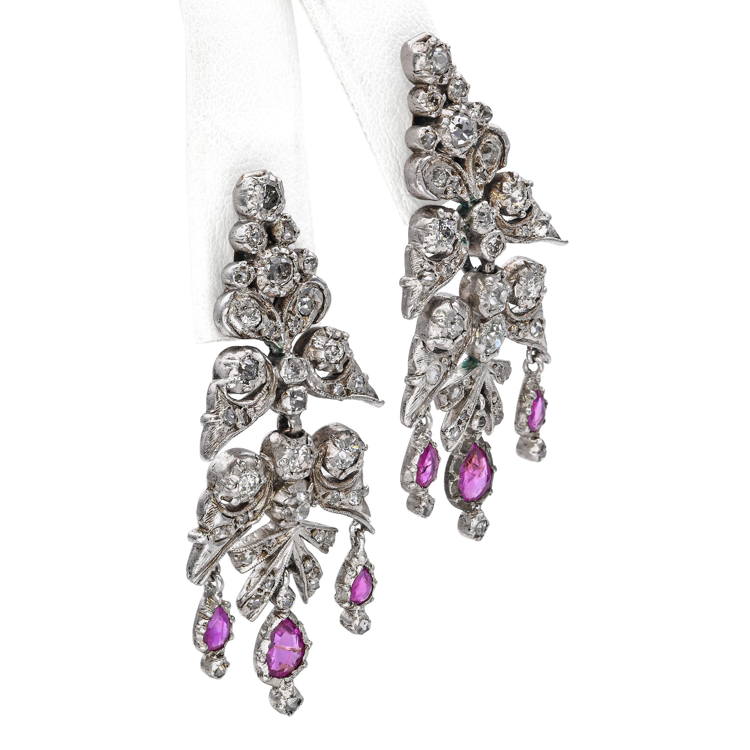 Antique Silver and White Gold Diamond and Pink Sapphire Chandelier Earrings In Good Condition For Sale In New York, NY