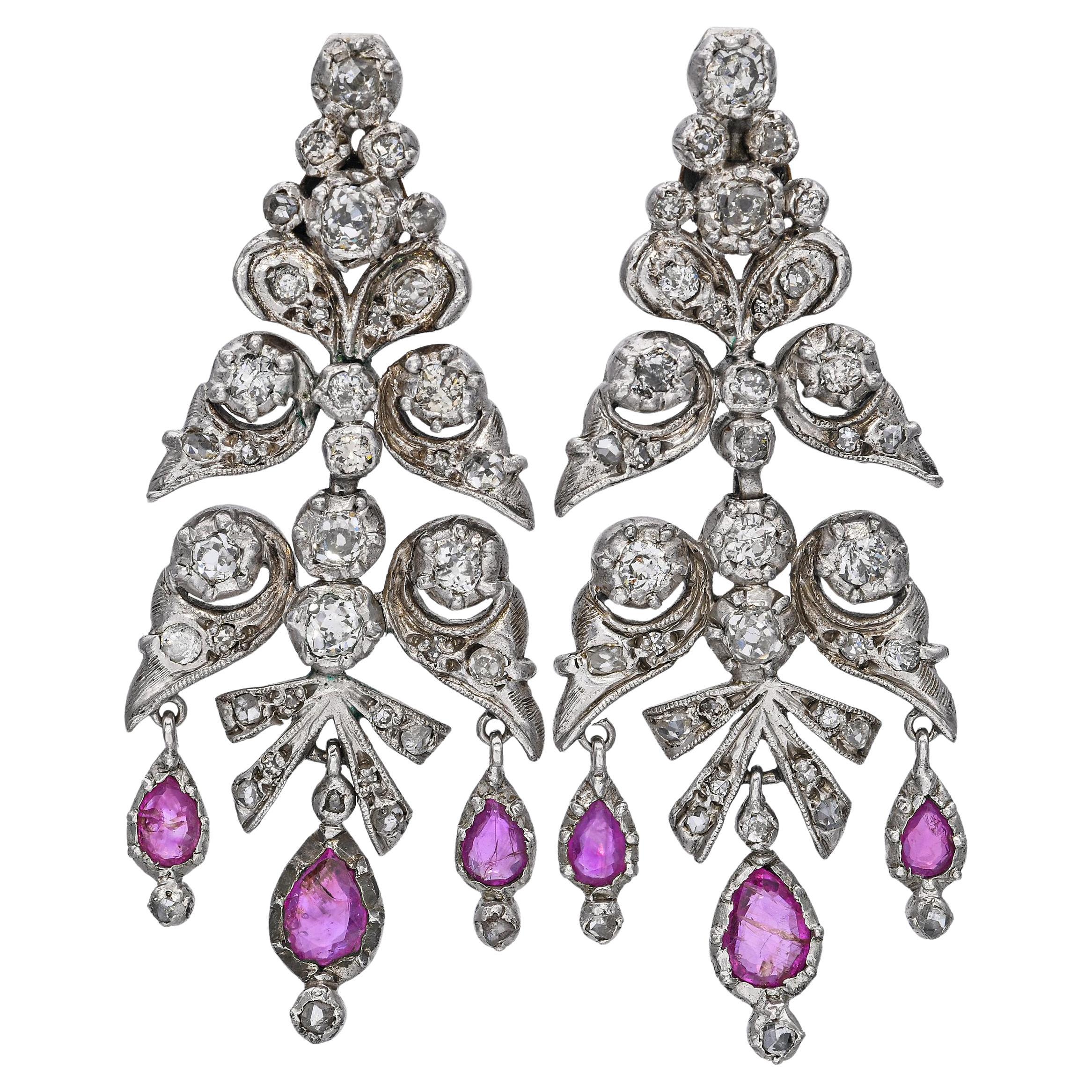 Antique Silver and White Gold Diamond and Pink Sapphire Chandelier Earrings For Sale