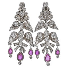 Antique Silver and White Gold Diamond and Pink Sapphire Chandelier Earrings
