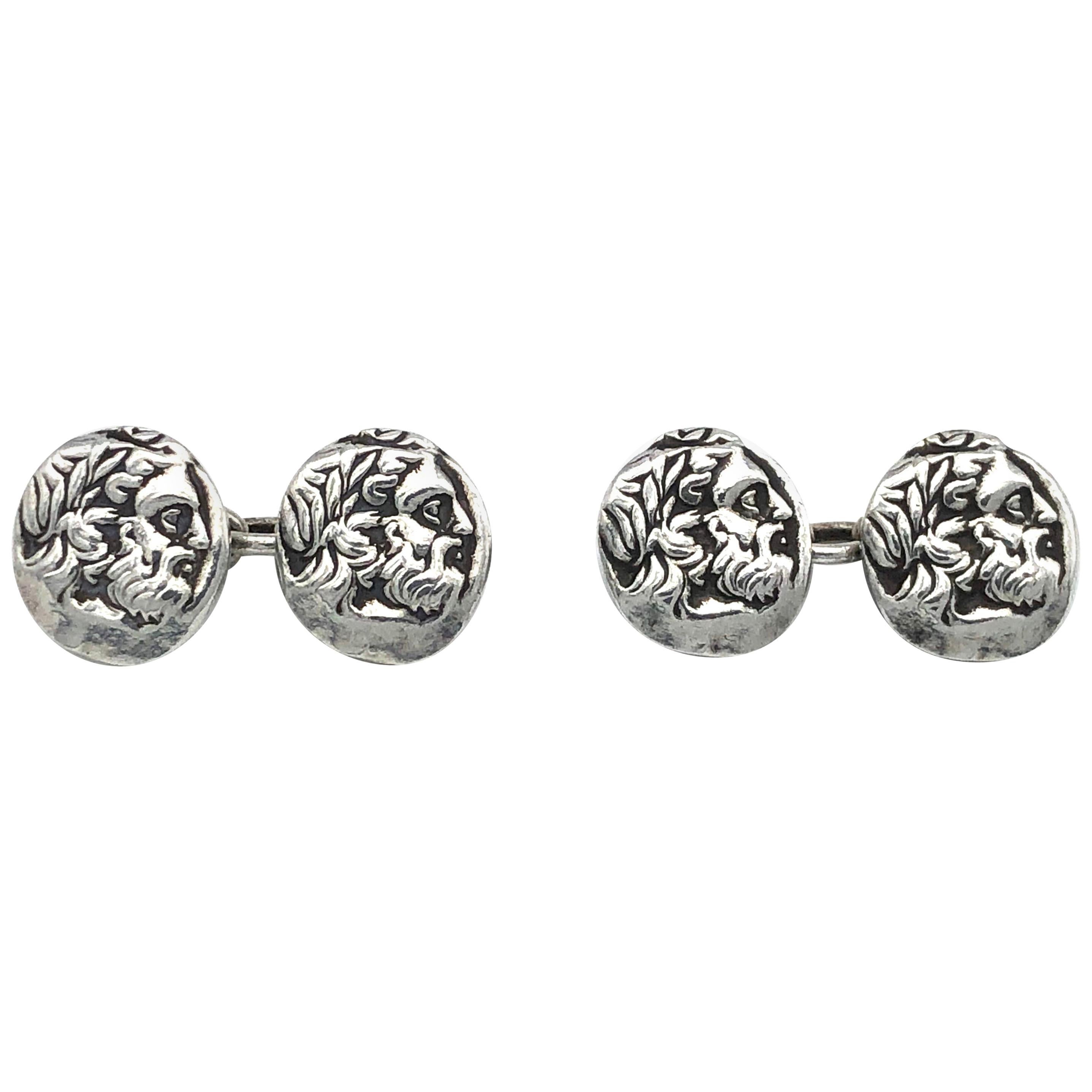 Antique Silver Antiquity Coin Cufflinks Dignitary Laurel Wreath For Sale