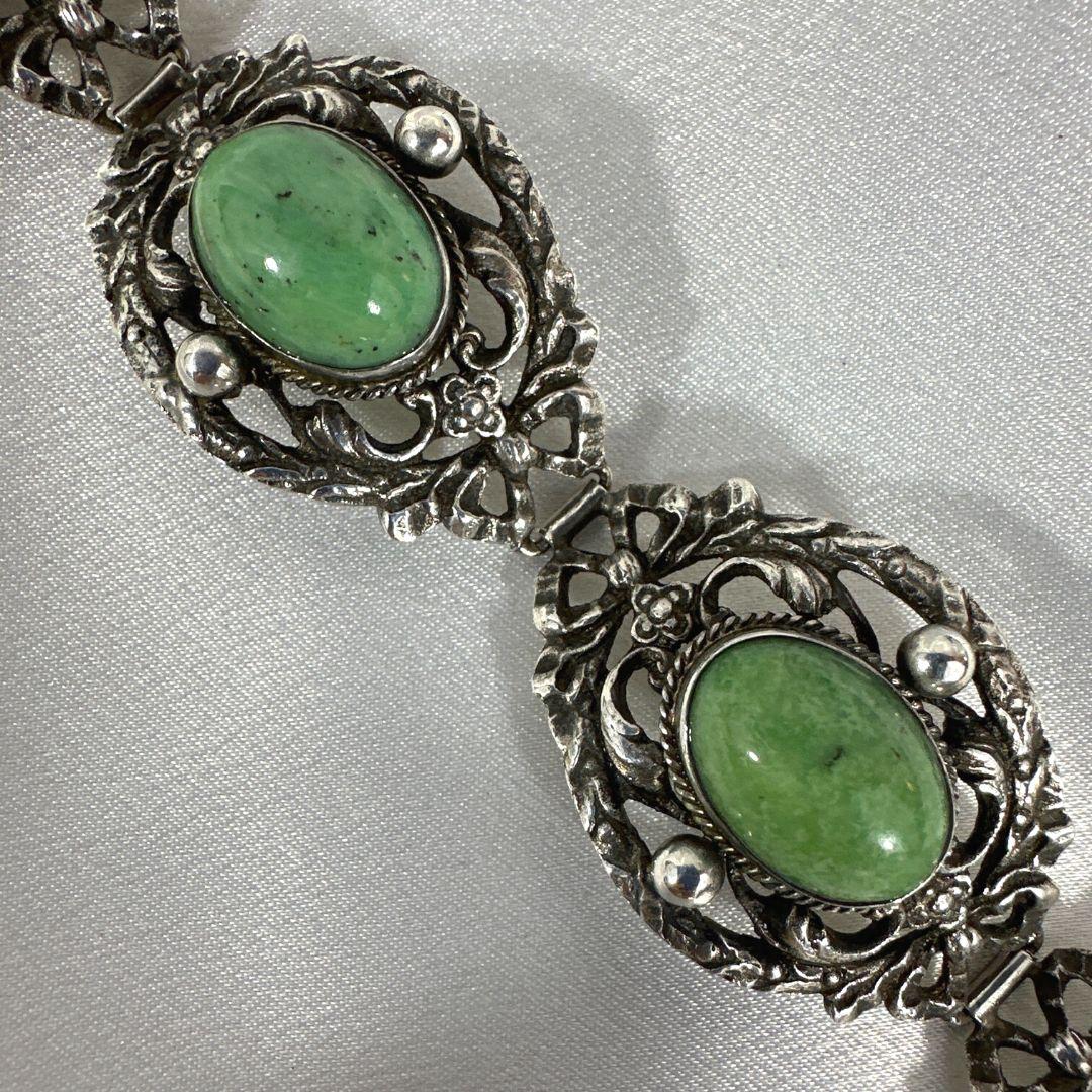 Antique Silver Art Deco Link Bracelet with Green Cabochons In Excellent Condition For Sale In Jacksonville, FL