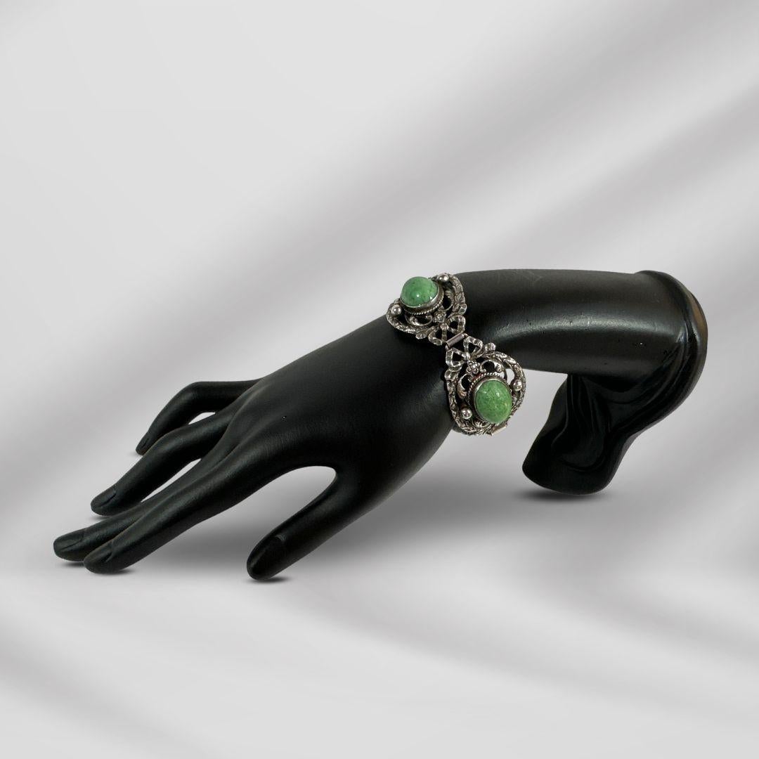 Women's Antique Silver Art Deco Link Bracelet with Green Cabochons For Sale