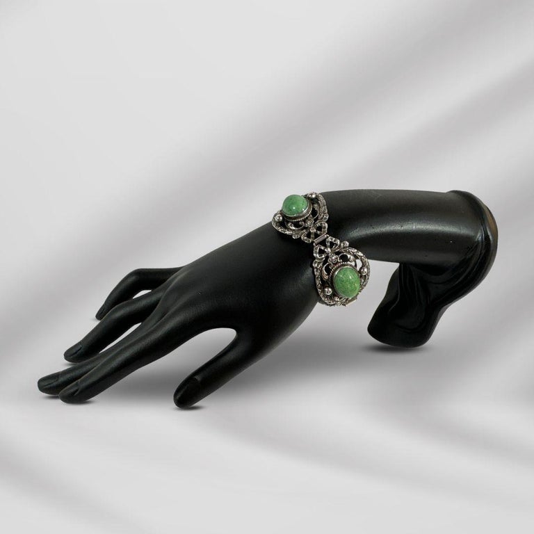 Bracelet Art Déco Ancien En Argent Massif Sterling - Cabochon Bleu, époque 1930-40, Origine USA