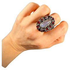 Antique Silver Art Nouveau Moonstone & Garnet Statement Ring