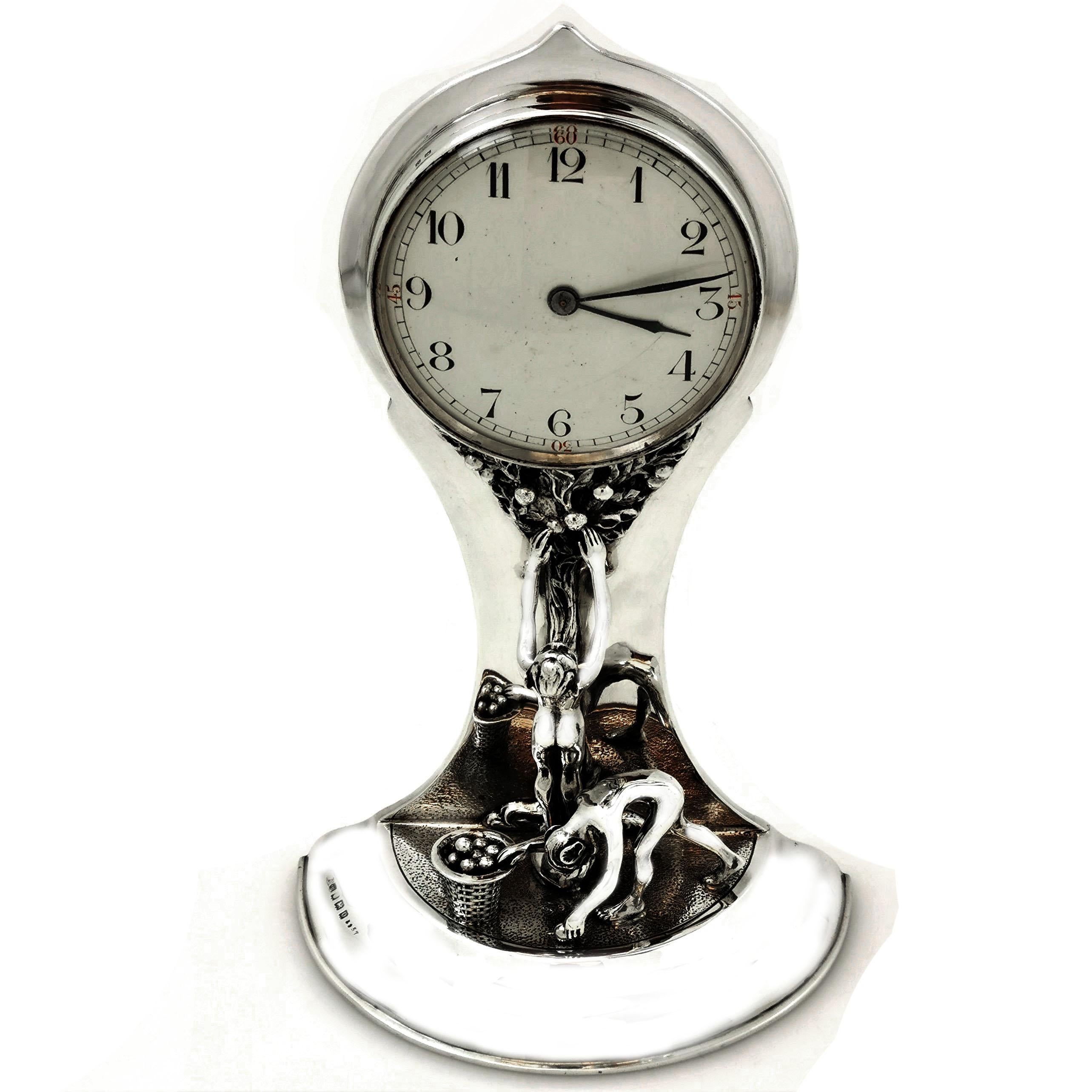English Antique Silver Art Nouveau Table Clock Mantle 1913 Tree of Life Design For Sale