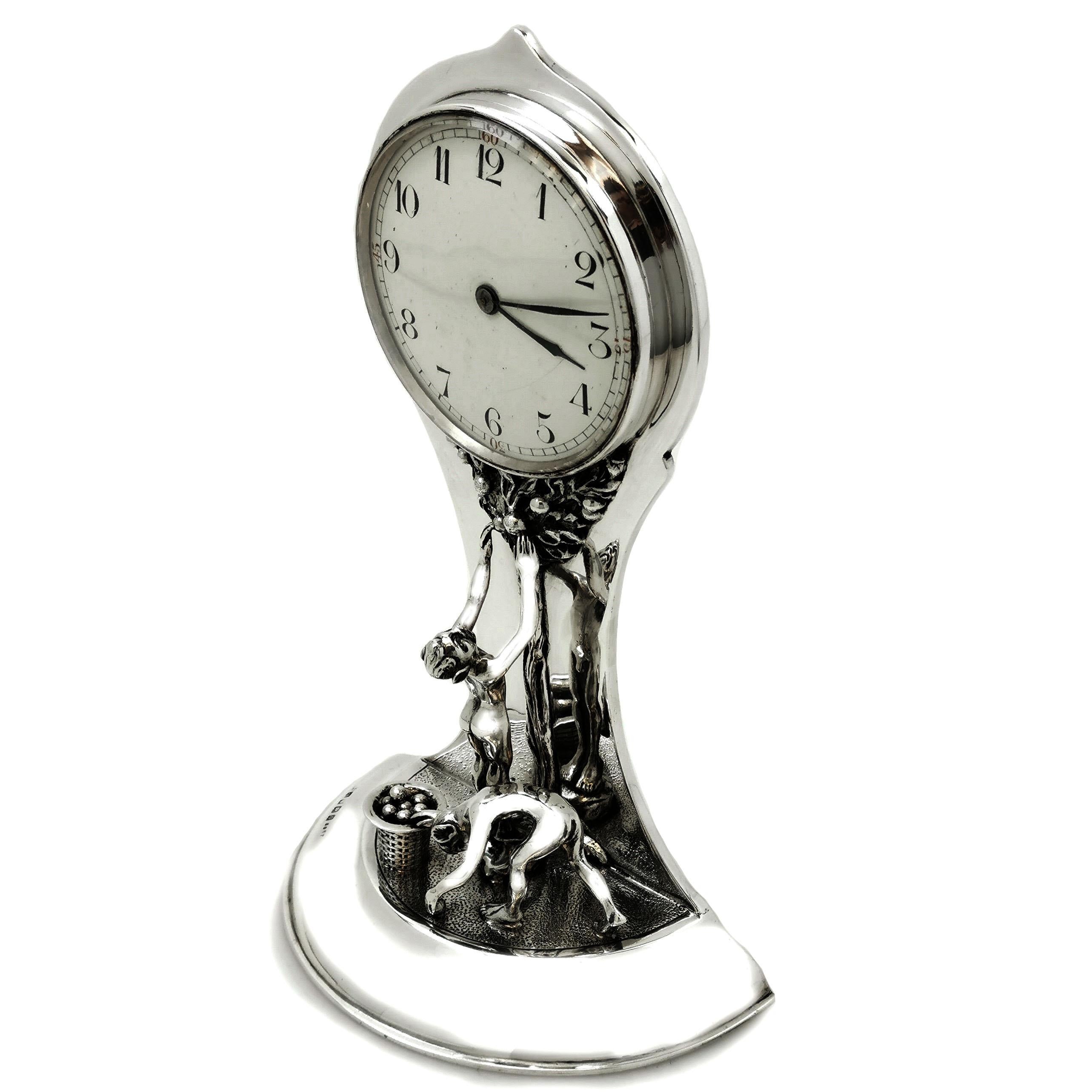 Antique Silver Art Nouveau Table Clock Mantle 1913 Tree of Life Design In Good Condition For Sale In London, GB